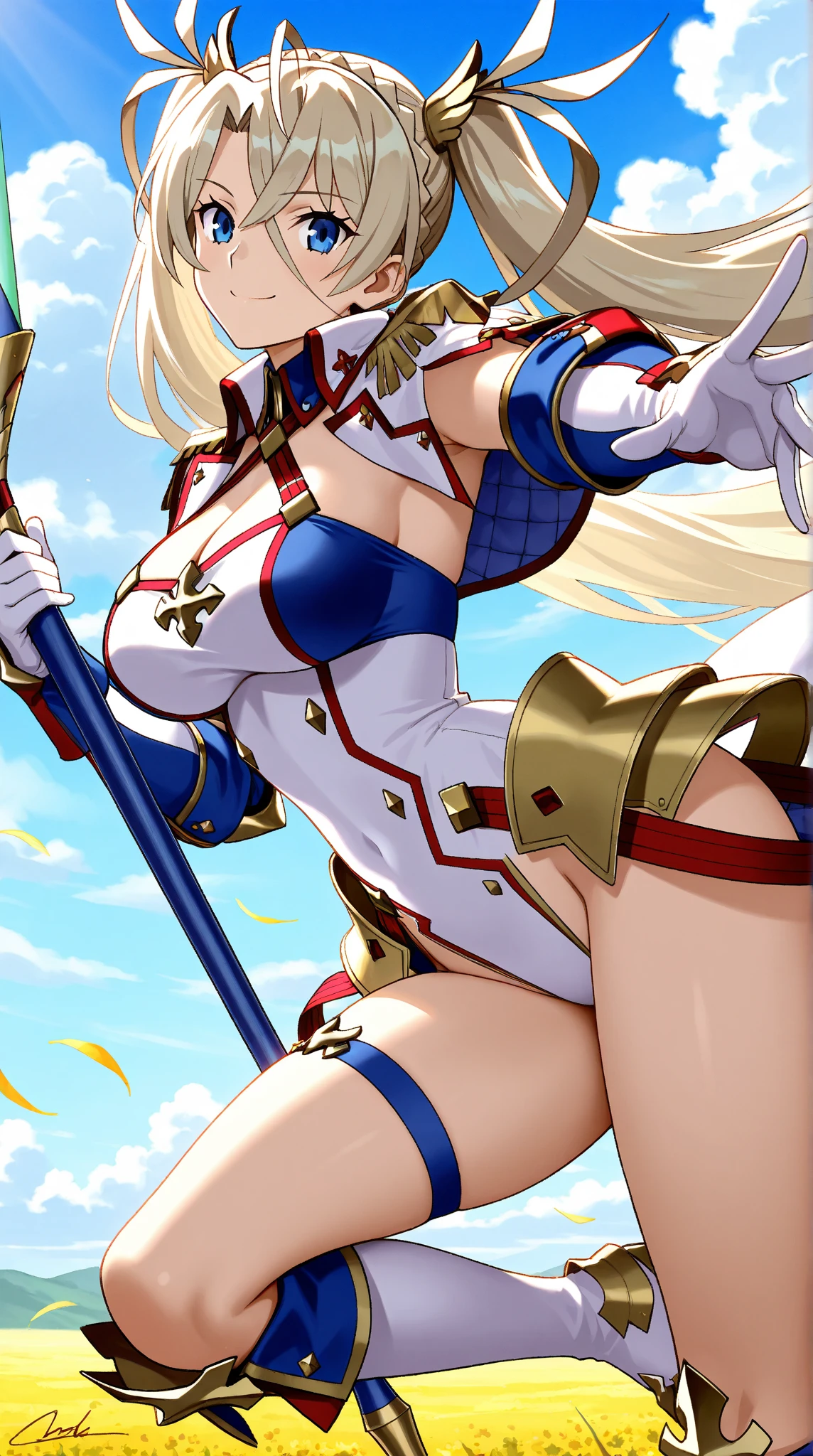 masterpiece, best quality, absurdres, looking at viewer, (light_smile:0.6),
1girl, ahoge, rabbit ears, playboy bunny, artoria pendragon \(swimsuit ruler\) \(fate\), large breasts , blonde hair, green eyes, french braid, pony tail
bare shoulders, large breasts , cleavage,
clothing cut out, wrist cuffs, detached collar, cutout, feather boa,
white leotard, blue necktie, blue pantyhose, single thigh strap, hands_above_head,(squat:1.3),(spread_legs:1.3),rabbit_pose,solo,stretch_fingertips