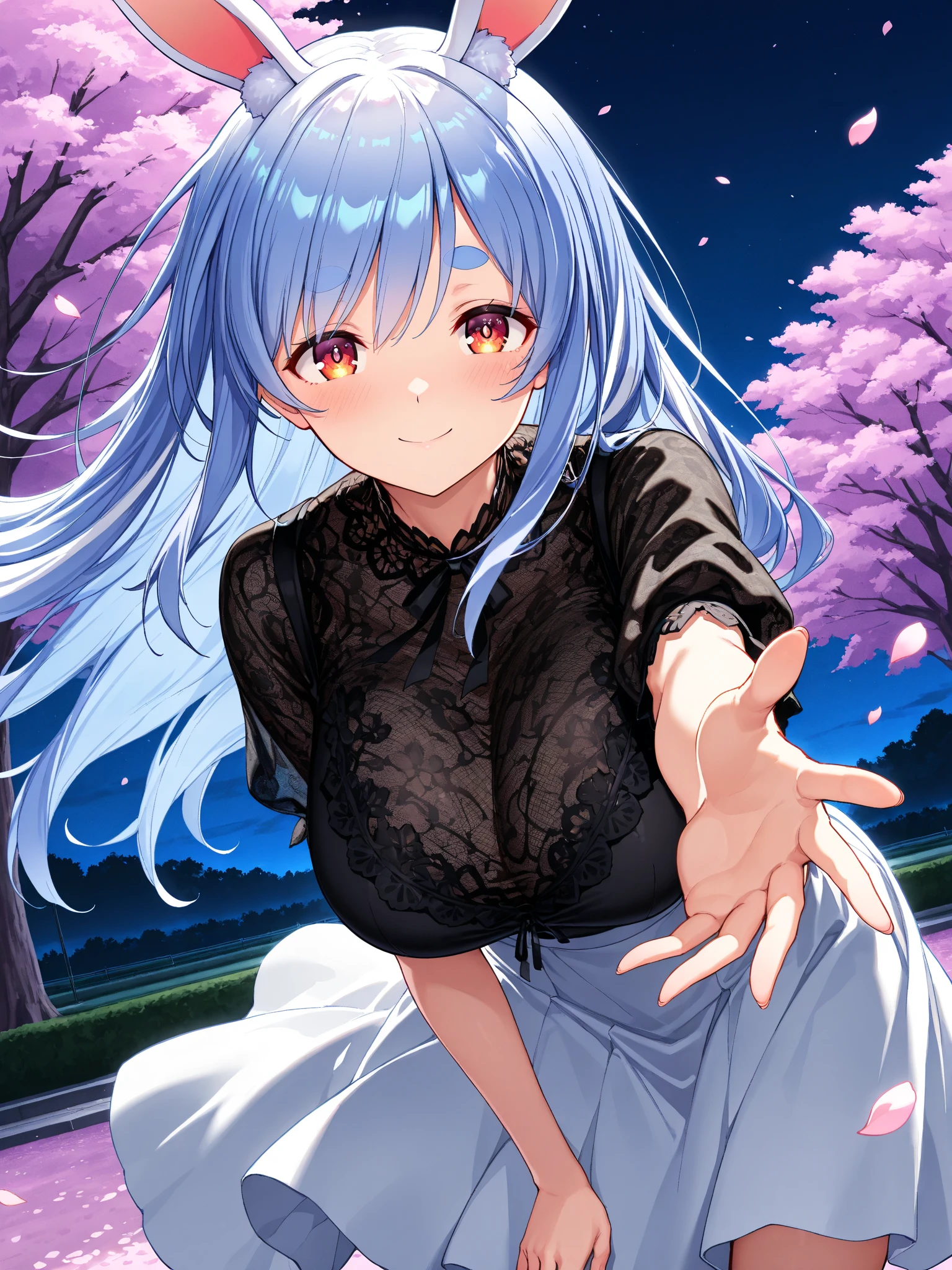 outdoor,cinematic angle,sakura,dazzling sunlight,
1girl,(closed eyes:1.3),wail,giggle,(teardrop,lacrimation:1.25),smile,
sky blue hair,messy hair,long hair,low twintails,lace shirt, twin slut strands,forehead,
(lighting:1.15),(masterpiece:1,2), best quality,highres,