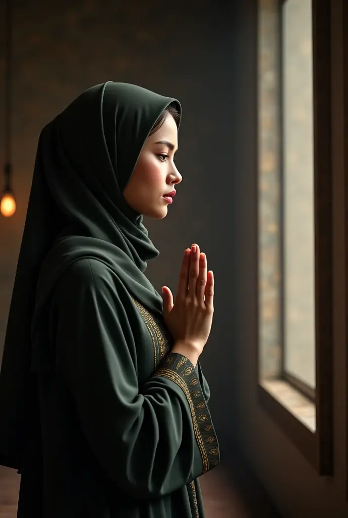 A beautiful Moroccan girl, brown dark eyes, 26 years old, olhos amendoados, oval face shape, Wavy hair, 170cm, 65kg, high-detailed face, Detailed texture skin, poses Kneeling in prayer, religious garment natural lighting, dramatic shadows, Warm Color Palette, portraite, realisitic, photorealisitic, 8k, work of art
