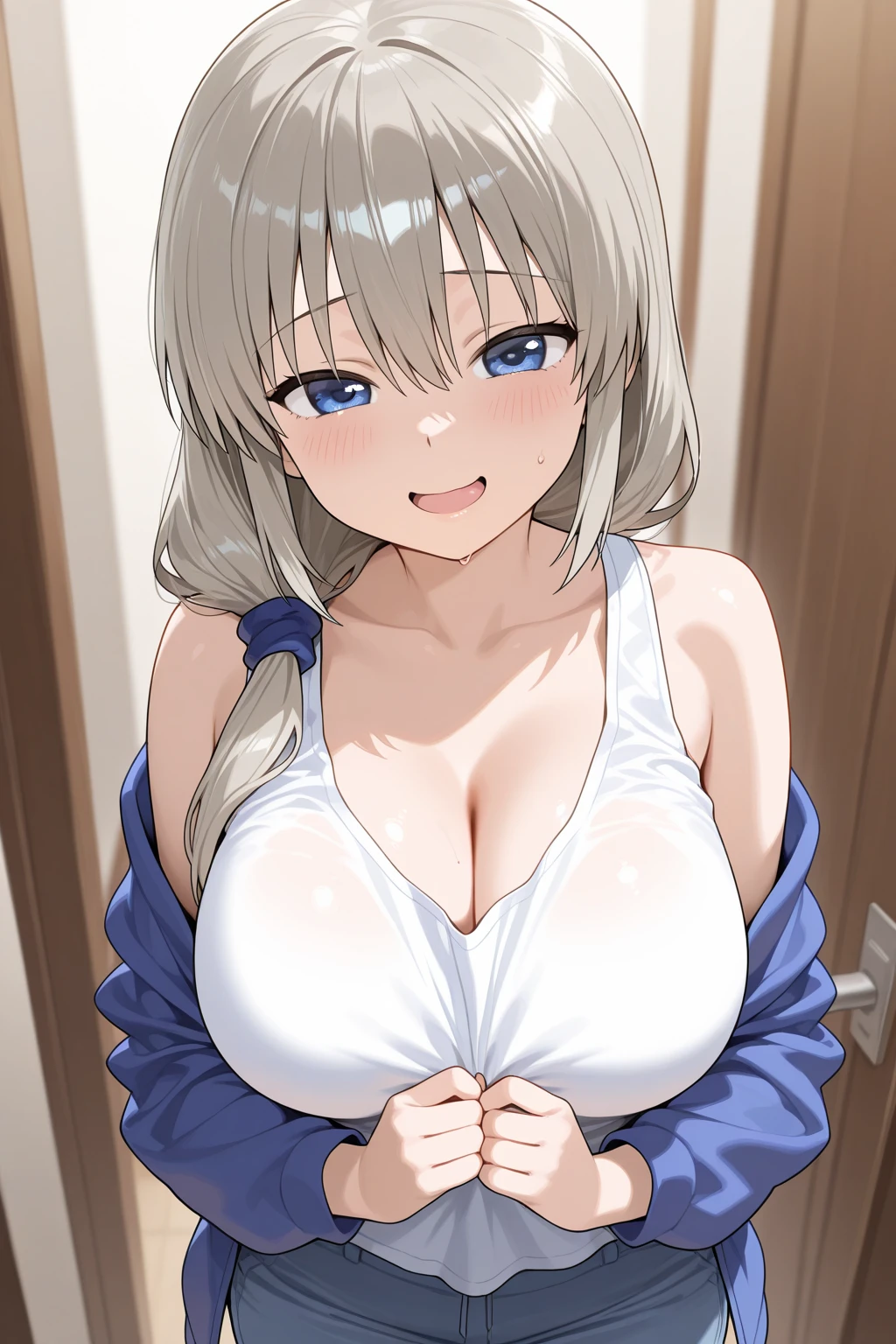 (masterpiece, best quality), 1girl,<lora:MizobuchiChinana-v1:0.8>, ChopioMizobuchiChinana, (gyaru:1.1), long hair, ponytail, sidelocks, braid, scrunchie, (looking at viewer:1.3), large breasts,, outfit_1, collared shirt, necktie, pleated skirt, plaid skirt, bra peek, cleavage, sweater around waist, (leg warmers, loose socks:1.5), choker, shirt tucked in,,