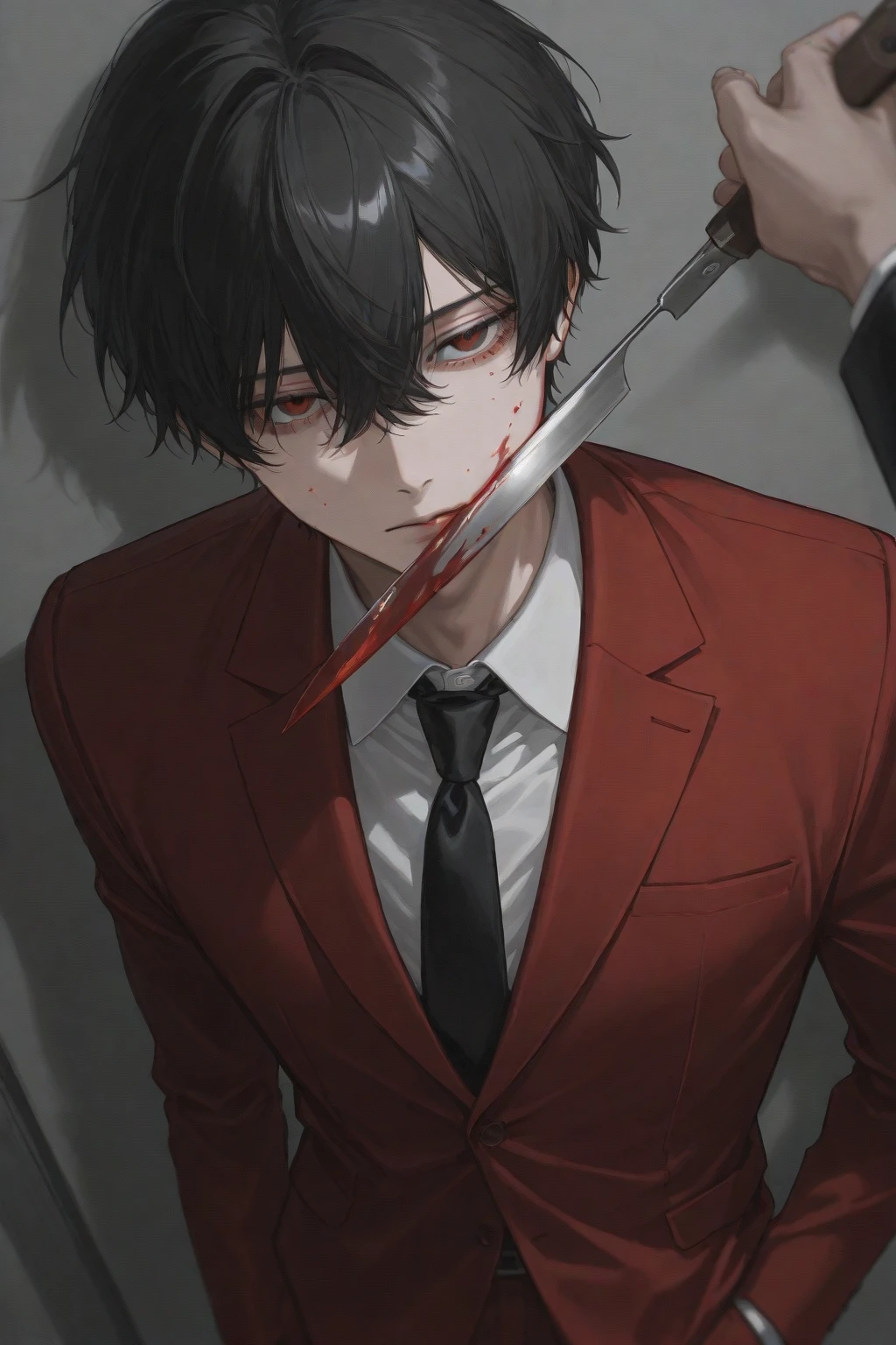 a psychopathic boy with a mullet haircut, wearing a suit, holding a bloody knife, slightly covered in blood, black hair with purple tips, red eyes, exhaling cigarette smoke, torso
