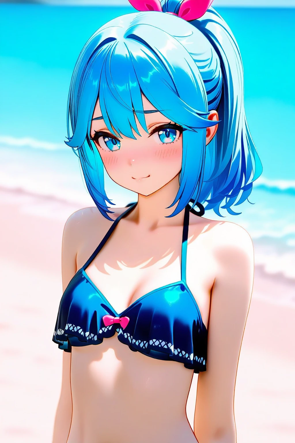 Young girl, short multi-colored hair, blue eyes, smile, teeth, beach hat, sexy swimsuit, open belly, open breasts, beach, lying on sand, water, hiquality, 4k, HD, Good detail