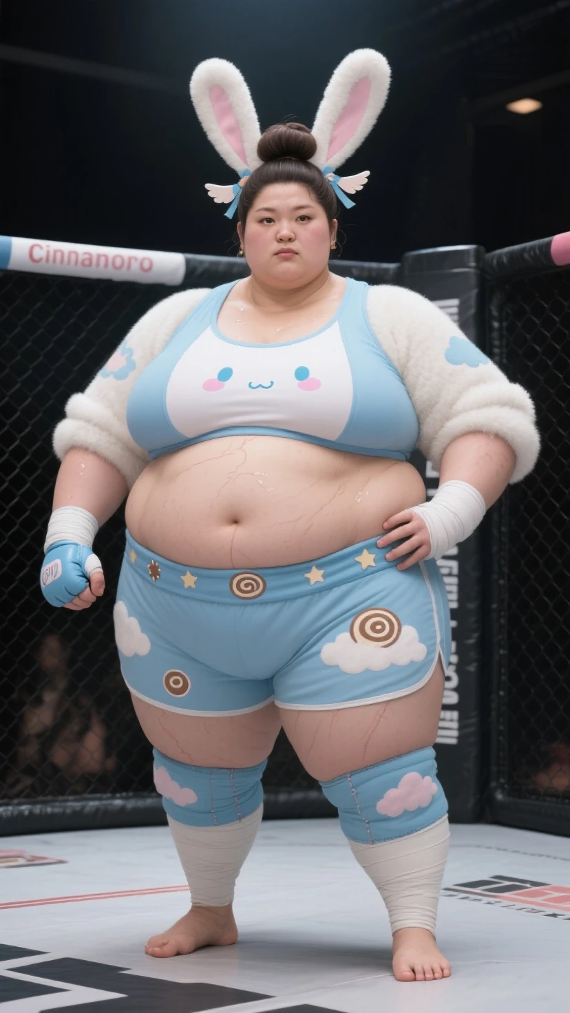 4k, 1 bbw mature, japanese, 45 years old, nsfw, topless, looking at viewer, shoot from front, full body standing, hand waving, Obese, Plump, bombshell, Enormous Breasts, Sagging breasts, gigantic breasts, puffy nipple, miky dark areola, large areola, Pubic hair, Overweight Body, Bulky legs, Wide waist, Flabby, Postpartum, sumo hair, somo costume, purple japanese fundoshi, high heels, milk gushing out her nipple, Pubic hair slip out from costume, in crowd sumo fighting arena