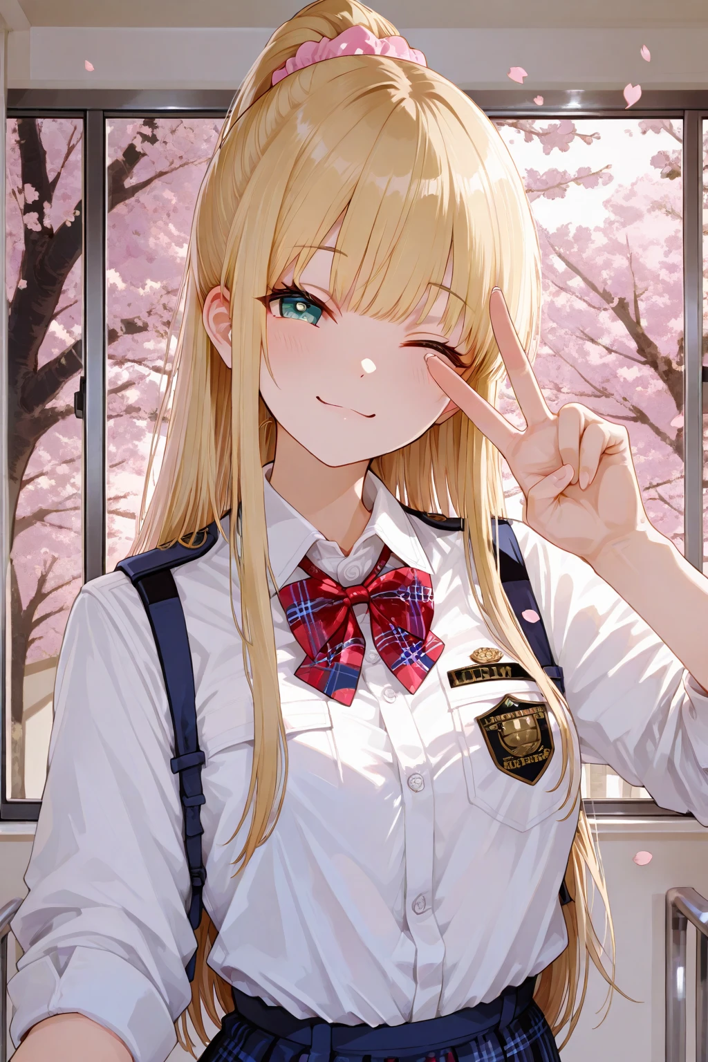 masterpiece, best quality, full body, 1girl, bangs, black choker, black necktie, blonde hair, blue skirt, blush, bracelet, , choker, clothes around waist, collarbone, collared shirt, cowboy shot, dress shirt, ear piercing, eyebrows visible through hair, gradient hair, grin, gyaru, jewelry, kogal, long hair, looking at viewer, loose necktie, necktie, piercing, plaid, plaid skirt, pleated skirt, red eyes, ring, school uniform, shirt, skirt, smile, solo, white shirt, street, sky, cherry blossoms, petals,illustration, (magazine:1.3), (cover-style:1.3), fashionable, woman, vibrant, outfit, posing, front, colorful, dynamic, background, elements, confident, expression, holding, statement, accessory, majestic, coiled, around, touch, scene, text, cover, bold, attention-grabbing, title, stylish, font, catchy, headline, larger, striking, modern, trendy, focus, fashion,