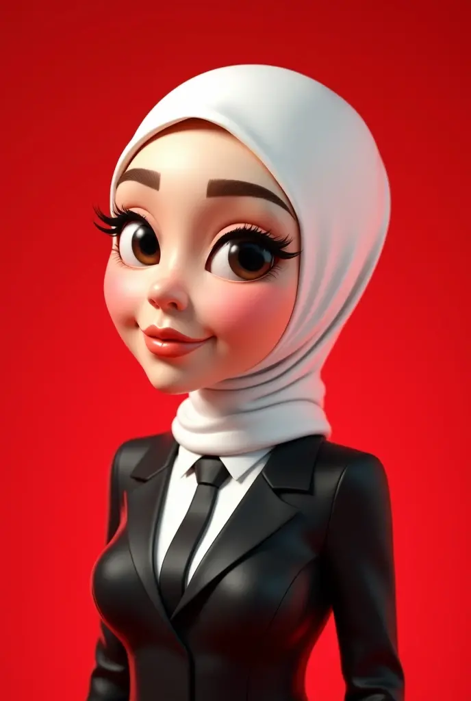 Realistic 3d caricature. big head. A 22 year old Indonesian woman. tall, slightly fat body, long face shape. round chin, beautiful, slightly narrow and sharp eyes, sharp eyebrows, white skin, thin smile, slightly thick lips. wearing a white hijab. wearing a black suit, black tie. Body position is clearly visible. Red background. Use soft photography lighting with hair lights, edge lights, and top lights. Photos with very high detail