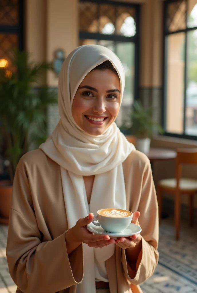 Hijab , portrait half body shoot 1:2 , holding a cup of coffee. Dominance smile. Perfect heeth.shoot by canon r6 Godox v1 Speedlite. Lace hijab. Wear minimalist flower hijab. Girl average 2. Samo matang skin. Simple make up. Perfect hijab. Cafe background.. red lips. Beautiful eyesbrow, long lashes. Brown hazel eyes.
