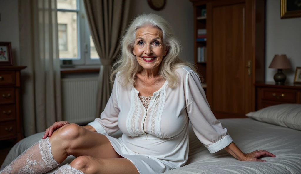 Mature old woman 80 years with white straight hair, plus size, old face and body with many wrinkles, loose skin, smiling sitting at bedroom posing for photo, She wearing satin black bodysuit with white pattern and white lace stockings, side view. jaw dropping mature older beauty, old face and body with wrinkles, old face, attractive grandma, a gorgeous old hair, beautiful old grandma, lovely older mature grandma, gorgeous beautiful grandma over 80 years old, beautiful white curly hair grandma, beautiful detailed body and face, a beautiful old granny