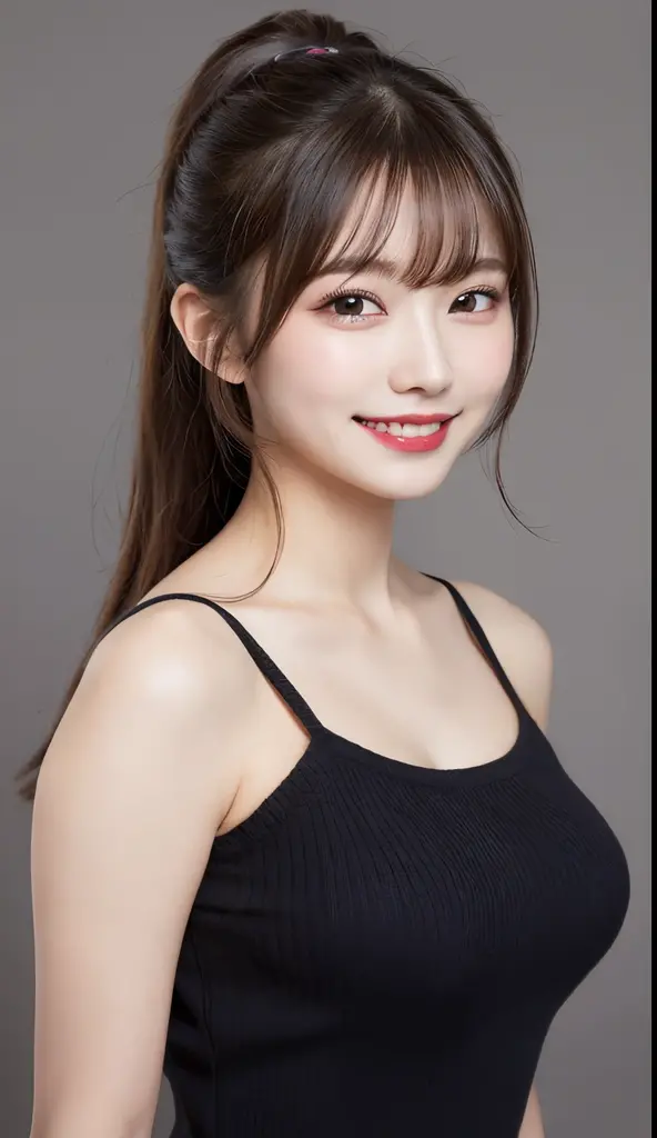 masutepiece, Best Quality, Illustration, Ultra-detailed, finely detail, hight resolution, 8K Wallpaper, Perfect dynamic composition, Beautiful detailed eyes,  Natural Lip, Sexy knitted dresses , middlebreast　Same as, Random sexy poses, Full body、A big smile、Ponytail hair