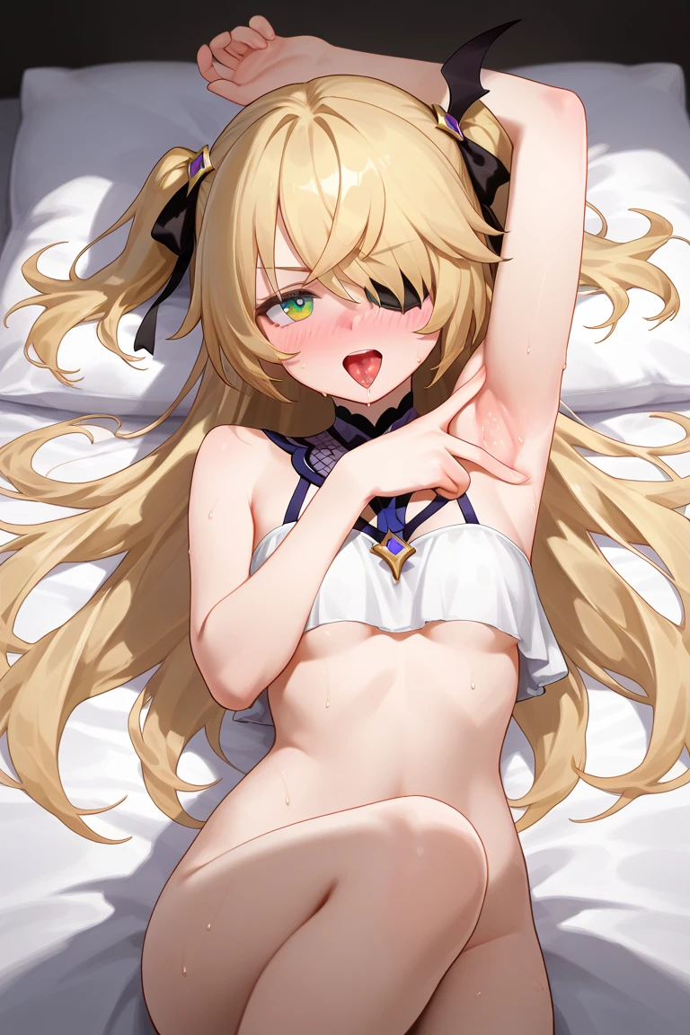 masterpiece, best quality, ultra detailed, ultra high res, photorealistic, 8k, highest quality, masterpiece, best image quality, Super detailed, ultra high resolution, Photo-realistic depiction, anime, comics, konjiki no yami, very long hair, blonde, two side up, hair ornaments, looking at the viewer, Highly detailed art buds, official artwork, shiny skin, professional lighting, sweaty feet, chest enhancement, Slender figure, Highly detailed face and skin texture, body gloss, dynamite body, sexy, pink cheek, bedroom, on bed, (from above:1.8), nude, beautiful nipples, embarrassed face, blush, ((naked)), ((Lie down on your back on a white sheet)), (((spread legs:1.4))), ((shed tears:1.4)), (((having sex with a man:1.4))), (Male organ insertion), (penis insertion), male organ, penis, ((small breasts)),