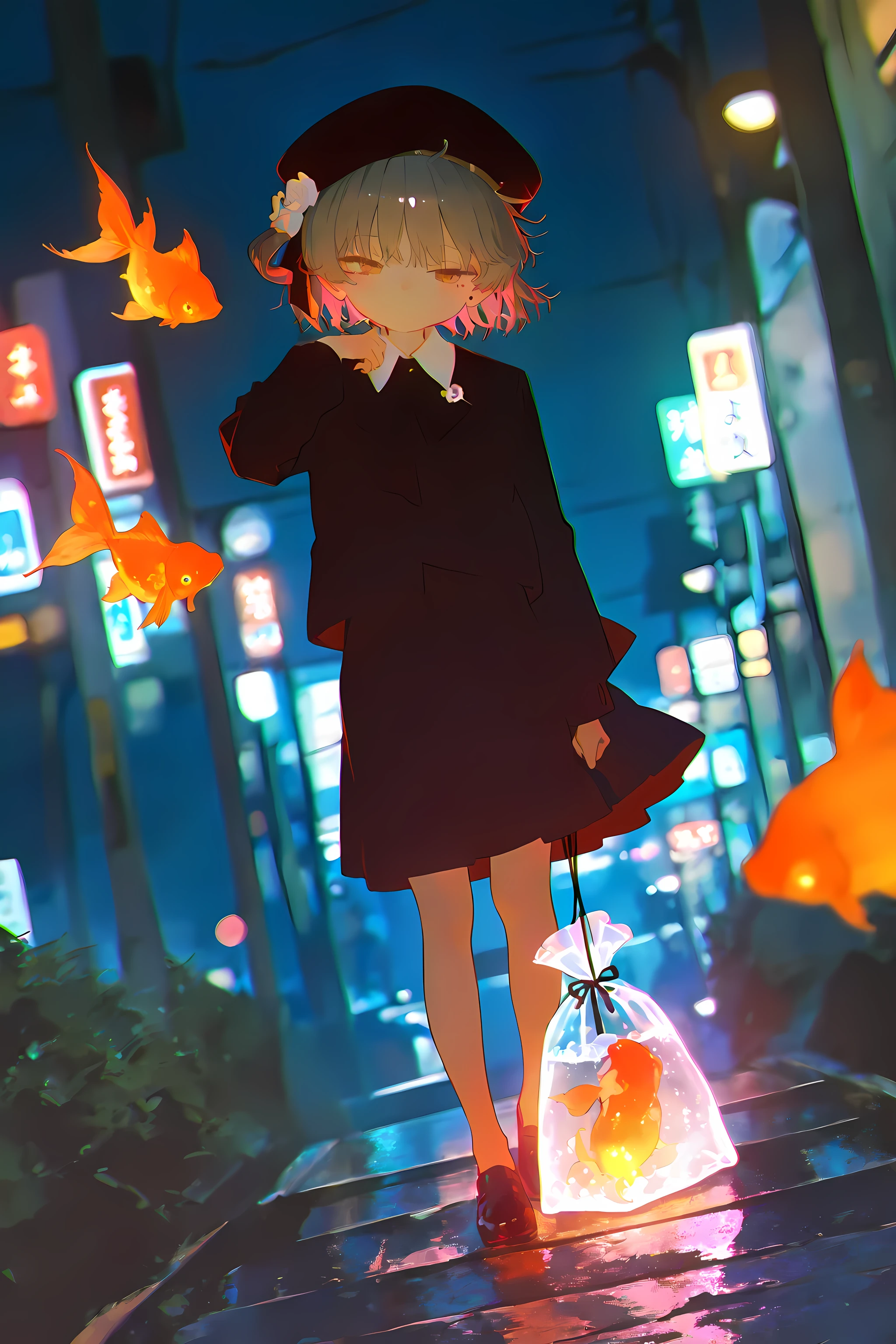 solo,1girl\((hatoba tsugu),HatobaTsugu, hat, 1mole under eye, beret, 1white flower ornament, bangs, black ribbon-tie, short hair,full body\) holding goldfish in bag, footbridge, streetlight, (alice in wonderland:0.5),(multicolor glitch,glitch,neon:0.5), glowing, chromatic aberration. BREAK .masterpiece, best quality, very aesthetic, high resolution, ultra-detailed, absurdres, newest, scenery, depth of field, high score, great score,photoreal cityscape,dutch angle
