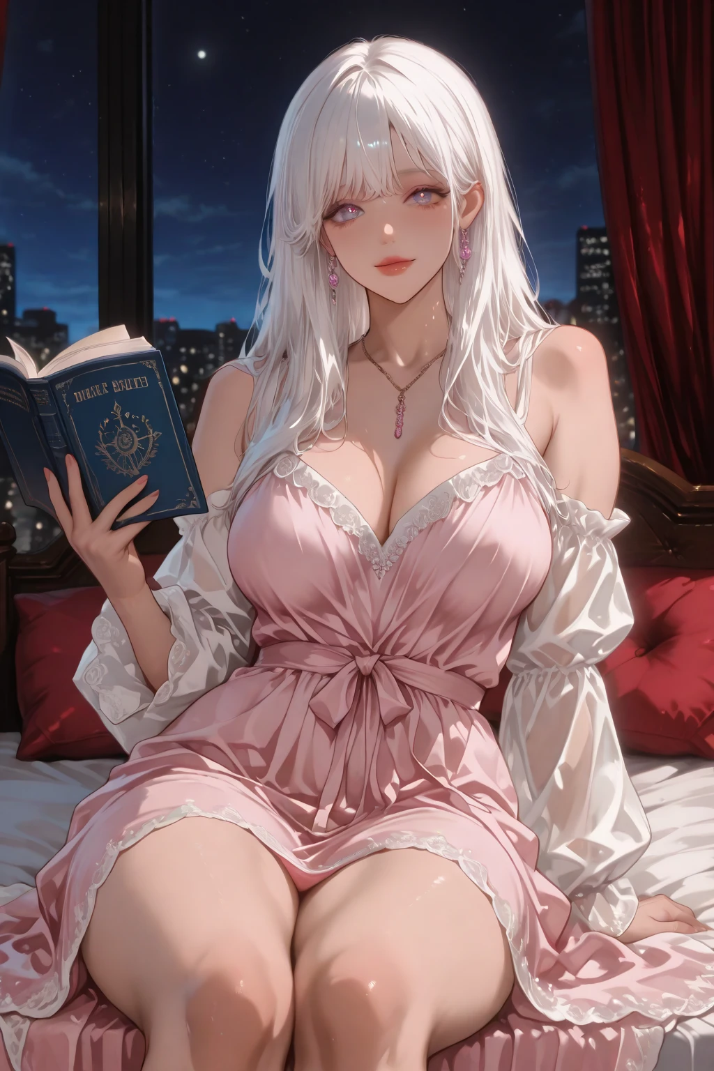((Long wavy white hair):1.3,Beautiful and fine details,Perfect proportions,Shining Eyes,light makeup,Choker Necklace,earrings,Pink and moist lips),1. A noble beauty with big breasts,図書館でBookを読む,V gesture,Elegant and beautiful hairpin,White wavy curls,素足とHigh heels,,Tights and thong sweatpants,High heels,Red tie,Youthful and sexy,((8k,masterpiece,Realistically),(Hyper Detail,Ultra Clear,Natural)、(Book、Bookを読む、Leg spread:1.3)、(pose partially visible vulva:1.3)