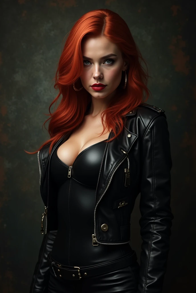 Hot lady,dominatrix with red hair and green eyes,looking down at you with clothed in a leather suit