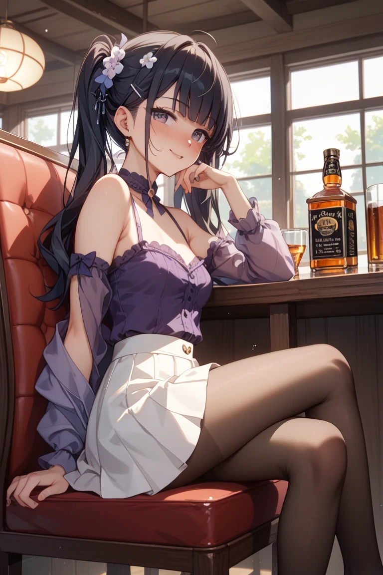 Beautiful woman medium hair ,sit ,Crossing your legs,Expose ,restaurant,Happy , Dutch Angle,Cleavage,Big Breasts,mini skirt