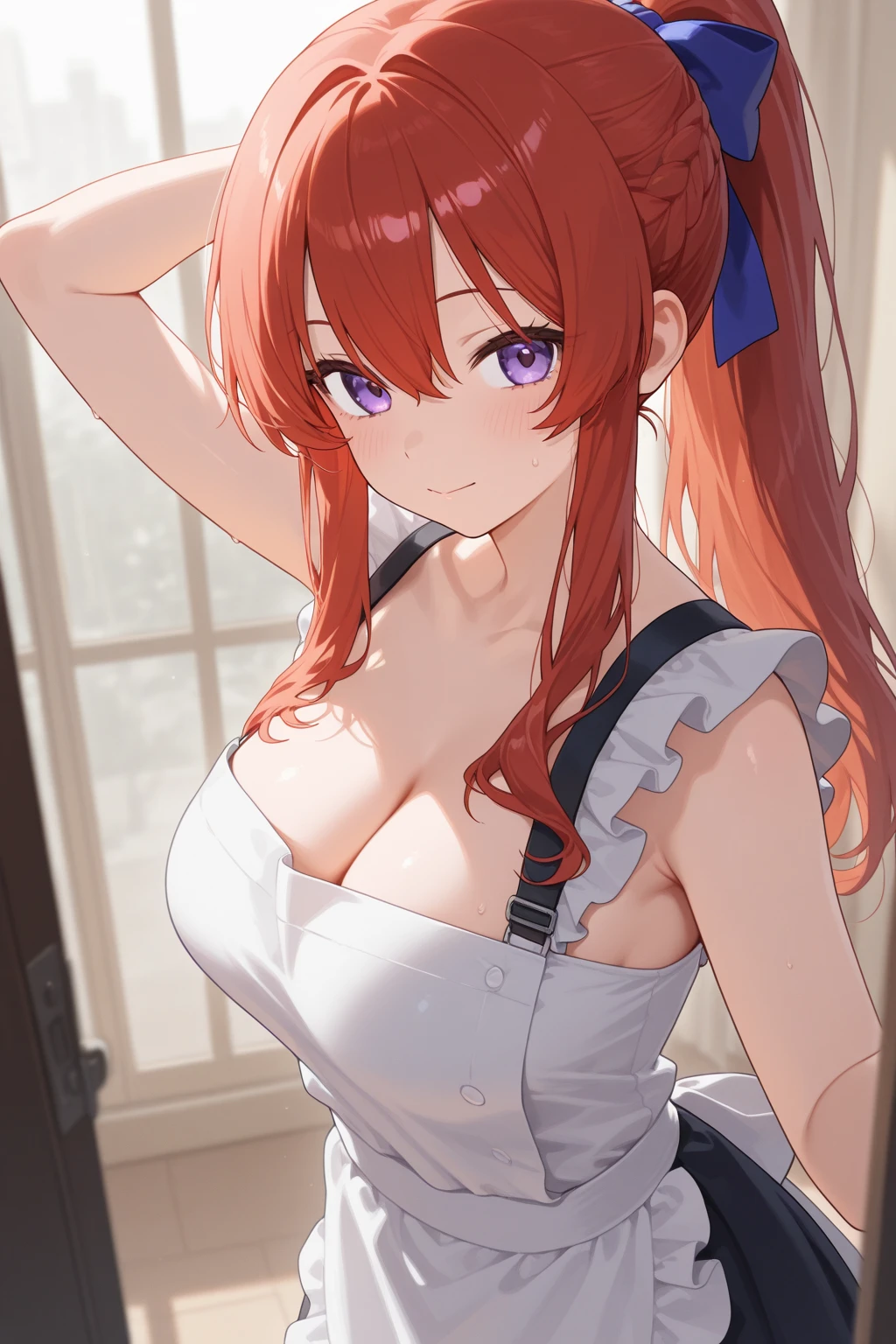 1girl, solo, nakano nino, pink hair, butterfly hair ornament, (naked:1.3), (white apron), large breasts, cleavage, thighs, cafe background, (blushing:1.3)