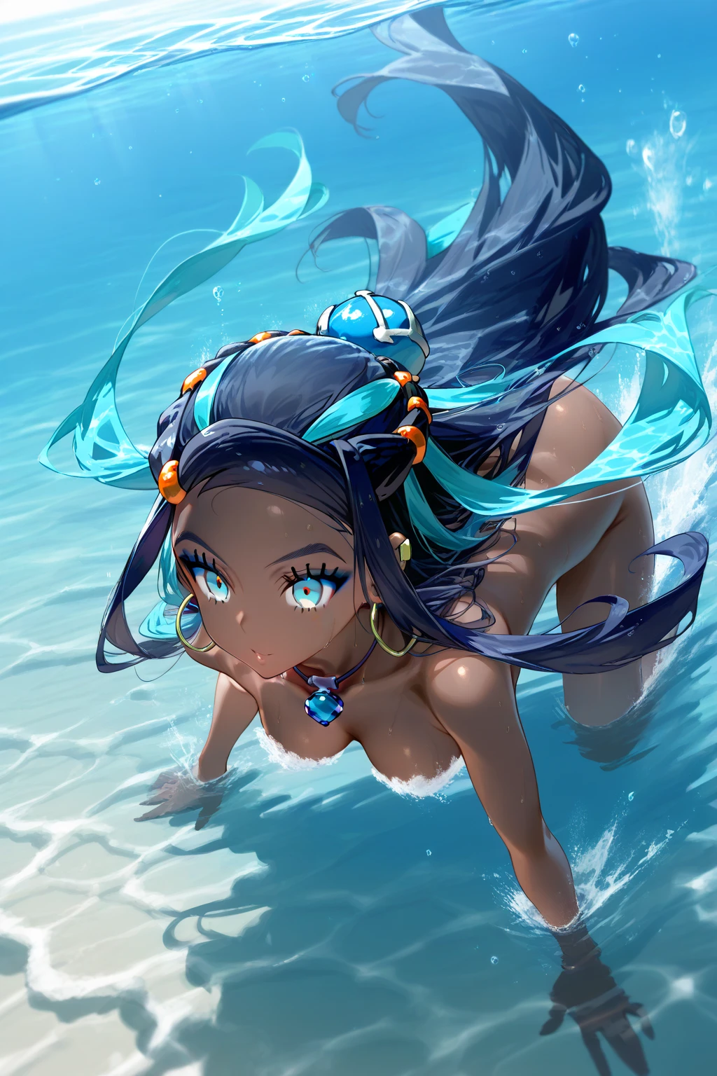 (best quarity,ultra detailed,ultra-high-resolution, absolutely resolution,8k, masterpiece), 20 years old,very-cute-and-beautiful-anime-girl,highly-detailed-face-and-eyes,grin,(bust-shot:1.4),(dark_skin:1.3),(tribal_tatoo:1.2),(Glossy Oceania Accessories:1.5),(wavy hairs),(messy hair),(asymmetry bangs),(multicolored hair),(blue eyes:1.3),(short-pants-bikini),deep-jungle,toropical flowers,