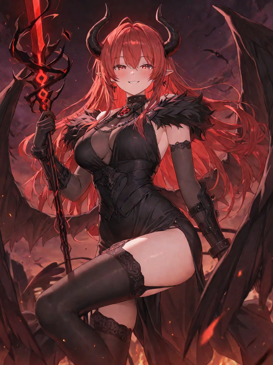 1girl,Skinny,breast small,standing,villain pose, scarlet red hair,hair scarlet red and crimson red hair, medium hair,ahoge,aqua eyes,green eyes,White skin,smug,happy,grin,tunic,hood,bikini armor,cape,thigh strap,boots,armored boots,skirt,earclip,choker,fingerless gloves,leg belt,Forest Background,Medium Shot,Black,Green,Gray,Brown,forest,Leather Armor,Magic Robe,Man POV,Larissa, Demongirl, Demon tail, Demon Horns, Amber eyes, Red Hair, Short, Hair, pointy ears,