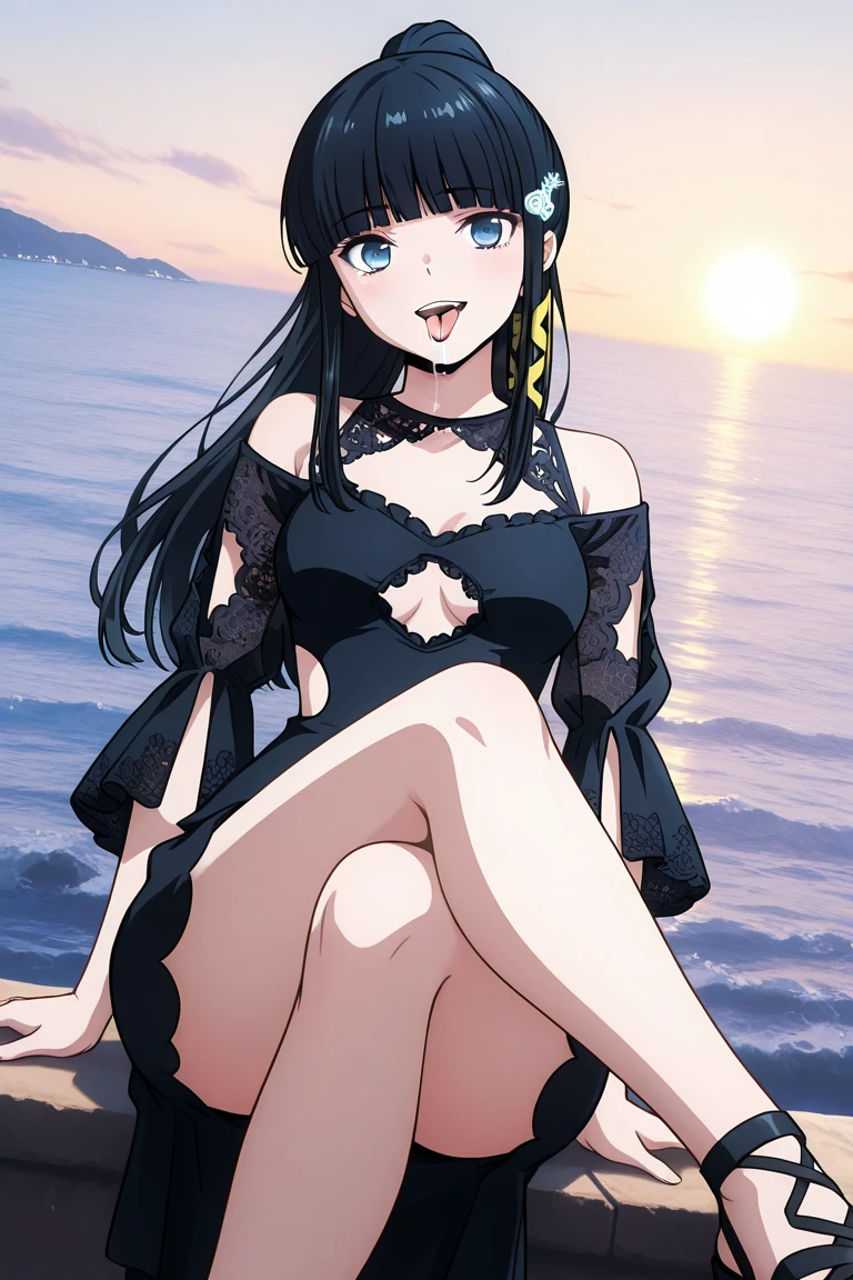 <lora:minamiya-000016:1>,(master piece:1.3),(best quality:1.3), cowboy shot, (1girl:1.2), solo,medium breasts, (seductive smile:1.3), (black hair:1.2), (blue eyes:1.2), long hair,(black gothic long dress:1.3),( black pantyhose:1.2),(ribbon choker:1.2), sitting, looking at viewer, (sea:1.3),(starry sky:1.3) ,beach, water,