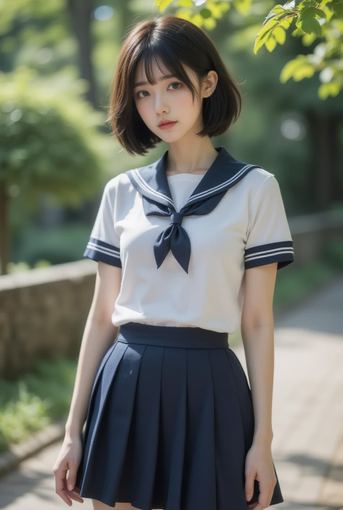 (RAW photo:1.2),(photorealistic:1.4),(masterpiece:1.3),(best quality:1.4),ultra high res,
HDR,8k resolution,dreamlike,solo focus,scenery,((no text)),
(detailed clothes features),
skin tight, (shiny skin),(slender girl),(slim girl),
(1girl,solo),<lora:VirtualGirl-Aki:0.4>,VirtualGirl-Ak, unconcerned,small breasts, bangs, hime cut, (very short hair), brown hair, brown eyes,
(student,(clothes neat),Japanese high school uniform,sailor suit,pleated skirt,stockings),