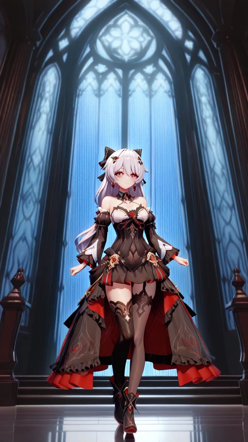 <lora:yuexia_v1:0.7>,masterpiece, best quality,detailed background, yuexia, 1girl, solo, red eyes, long hair, twintails, large breasts, cleavage, full body, bangs, looking at viewer, thighhighs, black dress, closed mouth, white hair, long sleeves, hair ornament, flower, hair between eyes, smile, breasts, black footwear, indoors, from behind,