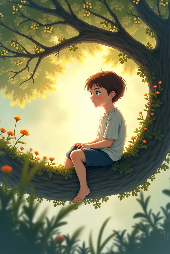 Realistic image of a nine year old alone and thoughtful, focusing on his imaginative gaze under the shade of a small fruitless tree, fruits or flowers, more than there are green leaves.