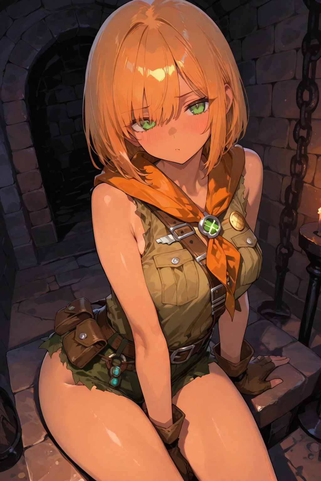 flat chests, nsfw, masterpiece, 1 girl, erect nipples, intricately detailed, topless, navel, bare shoulders, necklace, blonde, short hair, baggy pants, dwarf, leather belt, hammer, blacksmith, smithy, stones, rocks, extremely detailed, photorealistic, octane render, 8 k, unreal engine, bare breasts, nipples, yellow eyes, head goggles, bare stomach, sweaty, moist breath, ((child)), arm strap, fire, one side braid, 1 ear exposed, bangs, bandana, short stature, smiling, freckles, gloves, fireplace, cargo pants, petite, goggles, green pants