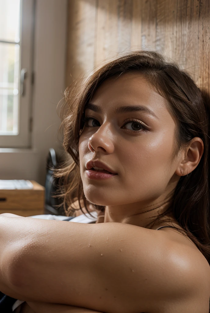 photorealistic, view from the side, best quality, instagram model, (hyper detailed: 1.4), sitting on the bath, long distance, ((short brown hair:1.4)), brown eyes, Detailed eyes, wearing lingerie, beautiful european young woman, (Highly detailed face:1.4), exuding a natural glow, soft lightning, smile, sunset time, jaw-dropping beauty, sexy, seductive, vivid color