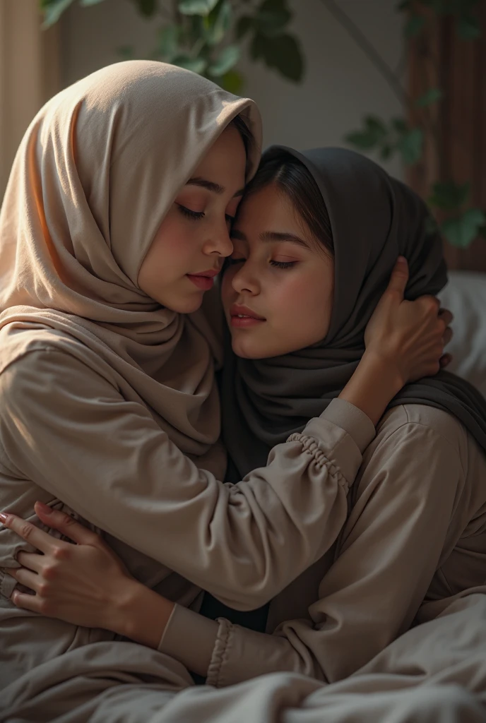 beautiful hijab indonesian lesbian girl,mom and teen,laying down,bra and panties,hugging,french kiss,breast grope,view from far,,raining,x