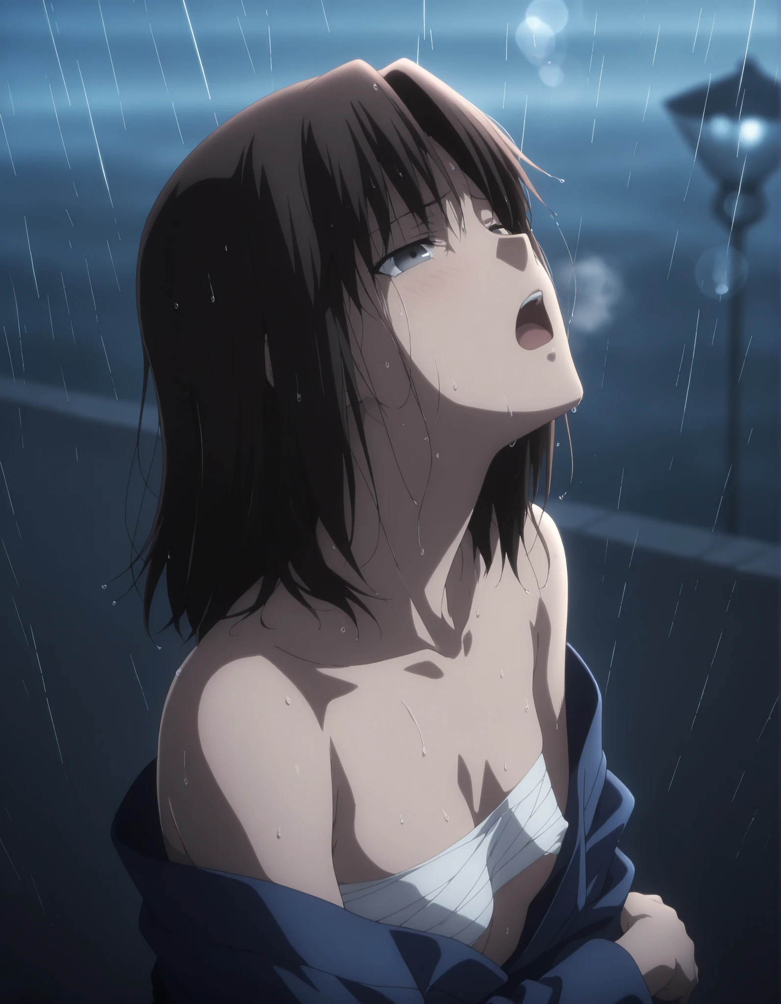 masterpiece, best quality, amazing quality, highres, absurdres, very aesthetic, high resolution, ultra detailed, perfect details, solo, , outdoors, ufotable style, ((midnight, dark, rain)), , (lens flare, sunset, blue hour), lamp, backlight, , from above, close up, ,
 
1girl, ufotable style, anime style,  (anime coloring), (anime screencap) ,((leaning for back)), (nervous, upturned eyes, light open mouth, ), (arm under breasts),((wince, ecstasy, heavy breathing)), head tilt, head back, BREAK  
   
girl, mature, slim body, slender body, ,Ryougi Shiki , TYPE-MOON / Kara no Kyoukai ,dark brown hair, medium hair, grey eyes, half-closed eyes,

(off shoulder), erected nipple slip, sarashi chest pull, blue kimono ,long sleeves, long kimono, , (small breasts), flat chest, ((looking at away)), wet hair, , aged up , ,light embarrassed ,