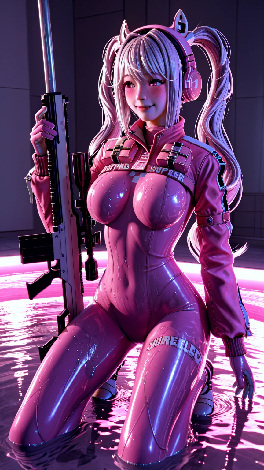 Highest image quality, outstanding details, Ultra high resolution, (Realism: 1.4), best illustration, I prefer details, very tight 1 girl, with a gentle and beautiful face, cum on face, naked , beautiful breasts, no bra, wearing high-waisted latex tight shorts, view from below, square hairstyle, holding a gun, walking on the road, background - high-tech light scene of the city of the future.