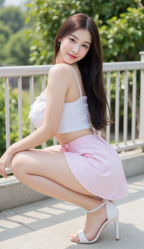 realistic, best picture quality, masterpiece, Ultra-high resolution 8K,Maxim cover model, full body asian girl, (look straight ahead at the camera), wearing white dennet shorts, Pink see-through tank top, My belly button is visible, ((Very big)), ((No Braza)), Crisp breastbone, Big and firm breasts, The nipple, beautiful, perfect camouflage, his long hair blowing in the wind., That person&#39;s body is wet, laugh, smile, happy expression, (Natural countryside with old thatched houses with yellow and red flowers blooming everywhere). The sun shone brightly., earring, pendant, Video clarity 8k, Shooting with a high-definition camera 45,000,000 pixels, Between legs, Spread your legs, Camera starting from the bottom, panty shot, very erotic pose, woman who wants to have sex,
