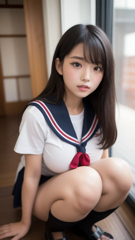 ulzzang-6500-v1.1, (Raw photo:1.2), (Photorealistic:1.4), Beautiful detailed girl, Very detailed eyes and face, Beautiful detailed eyes, Ridiculous, Incredibly ridiculous, Huge file size, Ultra detailed, High Definition, Very detailed, Best Quality, Masterpiece, Chemomimi, ((JK uniform)), Very detailed, Unification, 8k wallpaper, amazing, fine detail, masterpiece, top quality, highly detailed uniform, light on face, movie lighting, 1 girl, 16 years old, (without bra)), (without panties)), (dynamic pose)), (camel toe),