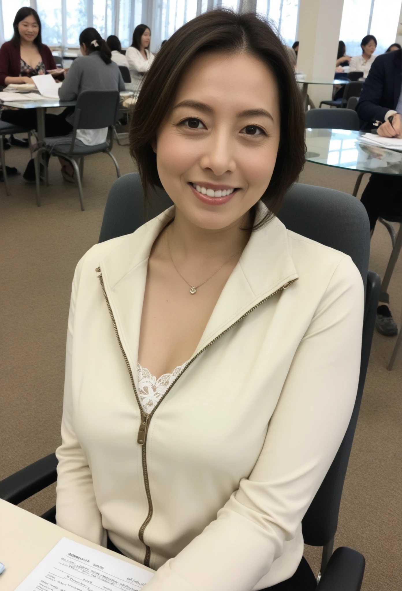 ((highest quality, 8K, masterpiece, portrait: 1.3)), (looking at the viewer), (full shot:0.85), attractive business mature woman, 1 person、 white collared shirt, gray skirt,((big breasts 2.2)) (big pelvis:0.3),((Plump 1.3))、 (officeの机にあぐらをかいて座っている)), smile:0.2, president&#39;office,good posture、Brown medium hair、gentle smile、