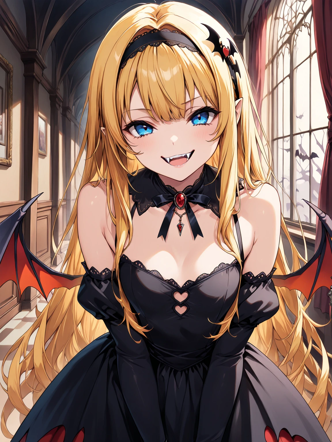 masterpiece, best quality, extremely detailed, high resolution, Japanese anime,1girl, blonde hair, (medium length hair:1.4), side braid hair, curly hair, wavy hair, drill hair, curl outward hair, (huge breast:1.2), (mechanical horn:1.5), mechanical wing, (red eyes:1.5), (beautiful detailed eyes:1.4), laugh, wink, 130cm tall, original character, fantasy, (black background:1.2), (full body:1.1), beautiful fingers, standing, (blackred lace frill Gothic dress:1.5), (tiara:1.5) , sho ot from front, looking at viewer
