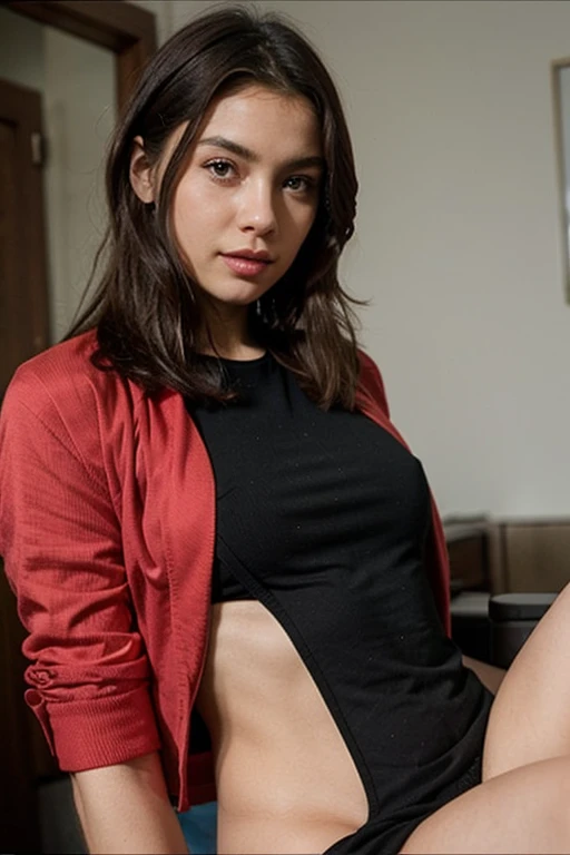 (Best Quality, high resolution, ultra detailed), Latina brunette emo girl with straight inverted bob hair, black sweatshirt, red slip, arms behind head