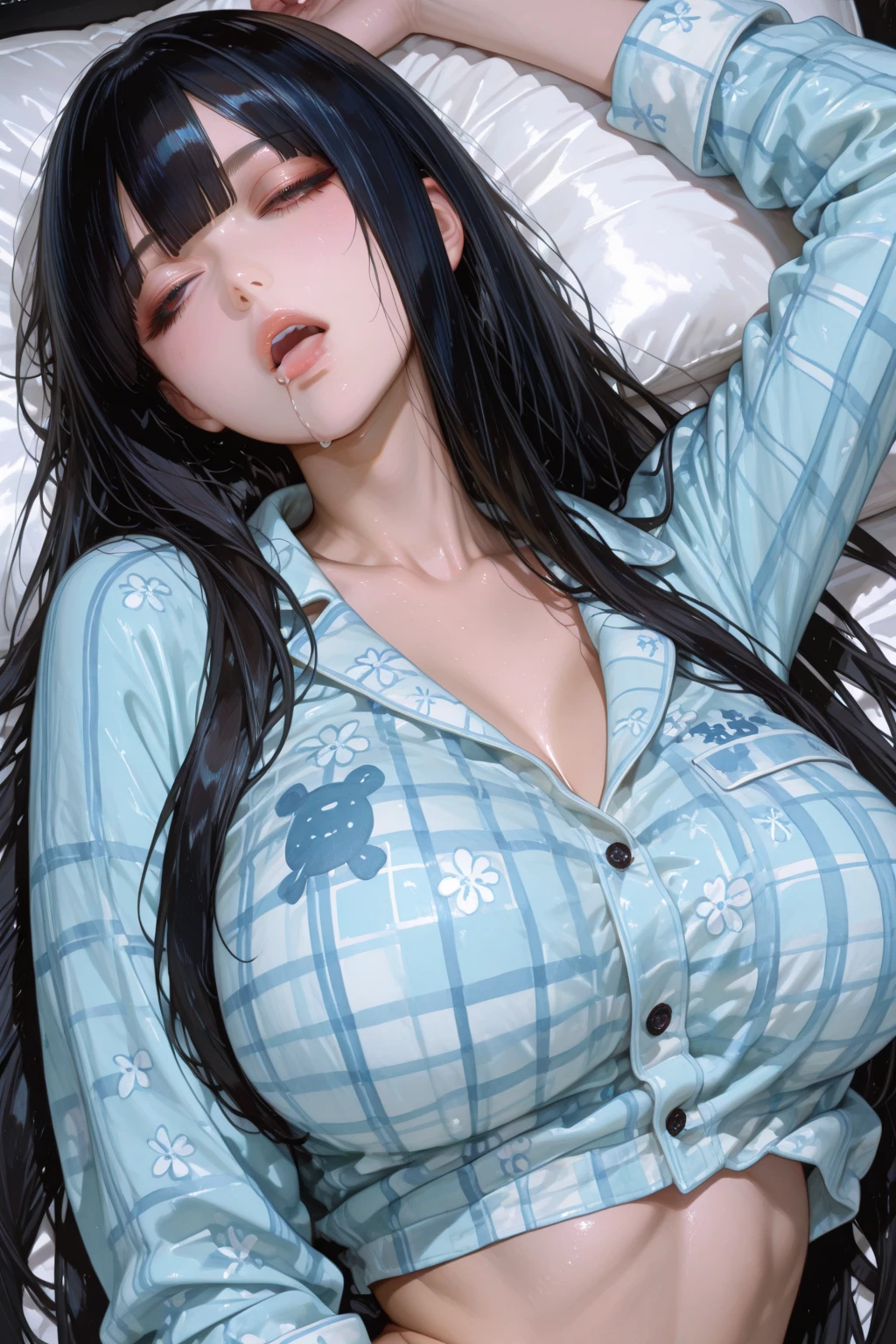 masterpiece, best quality, ultra high res,(POV:1.6), (from above:1.5),(looking at camera:1.6),(face focus:1.6),(ideal ratio body proportions:1.5),(ultra beautiful detailed big eye:1.5), (embarrassed,red blush:1.7),beautiful detailed hair , beautiful detailed face, perfect feminine face, silver hair, (clothed,crop sailor school girl uniform:1.6),(under boob:1.7),(coverd nipples:0.7), (beautiful sagging breasts,beautiful gigantic breasts:1.4), (huge cleavage:-0.0),(open mouth:1.6),art by sakimichan, george kamitani, akira yasuda,Raita,(sexy pose:1.5),(I want you,love me tender:1.6),(lying on bed,spread legs:1.6),(heavy breathing,breath,fog:1.7),(trembling:1.5),