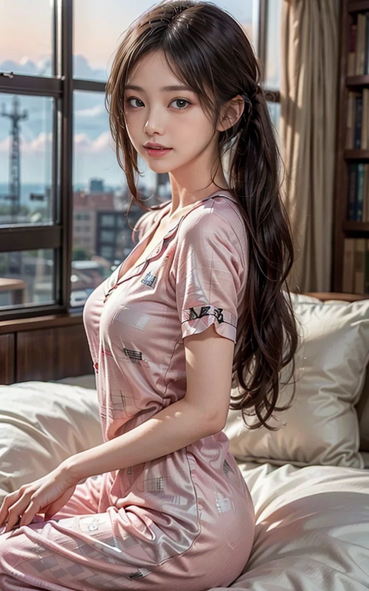 Empress、shiny black hair, long hair, (beautiful brown eyes、Bright Eyes, fine grain)、Smile、super detailed eyes、Highly detailed face, highly detailed eyes,Cowboy shooting、Looking into the camera 1 woman,  Expose large breasts, Perfect body, Pack, White torn satin pajamas, love pattern, Standing, from behind, blush, Smile, In the bedroom, listen to me, , Transparent Pajamas, Front view, , 

Cute girl anime visuals, beautiful anime girl, Smooth photo art, 
 official artwork, attractive anime , 