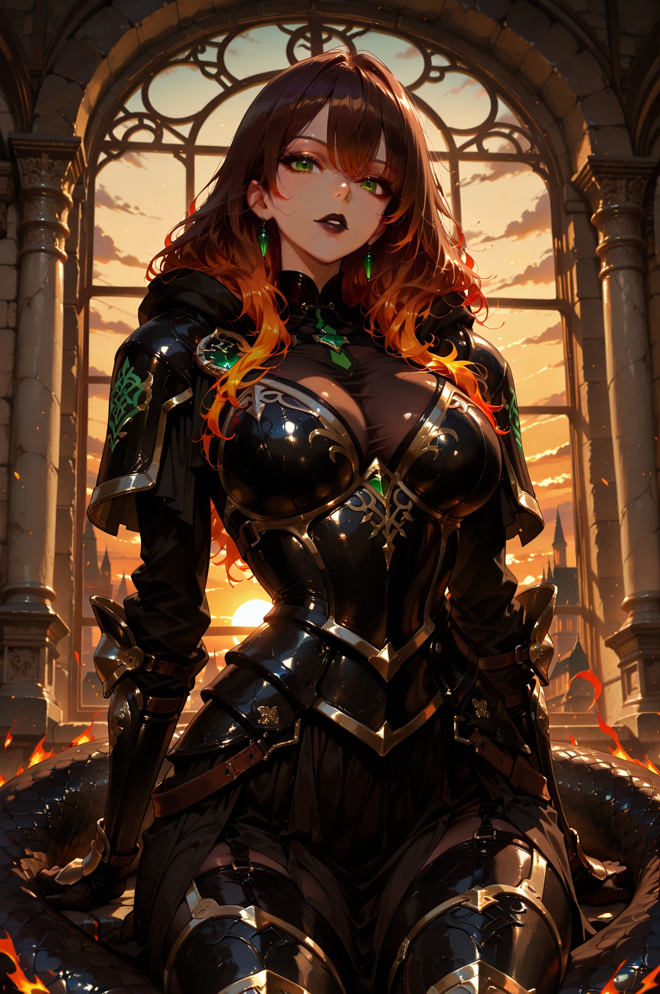 Masterpiece, best quality, a beautiful black woman (laughing out loud:1.4) wearing intricate( red dragon scale armor:1.4), black latex arm covering, black latex leggings, highly reflective armor, detailed long black twisting horns, long flowing red hair, intricate tiara, intricate jewelry, detailed skin pores, dark skin, , huge breasts, huge ass, cleavage, cameltoe
outside at night, smoke billowing from castle in flames in the background, standing leg spread, (laughing:1.4), eyes shut
UHD, dramatic shadows, global illumination, high contrast
<lora:hyperBottomHeavy_v1:0.8>