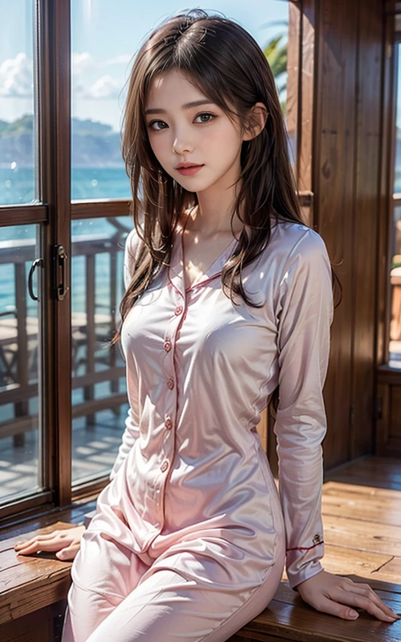Top quality, one beautiful woman, 20 years old, 35mm lens, f/1, dark brown eyes, glasses, braids, black hair, pale skin, medium chest, slendar body, pink pajama