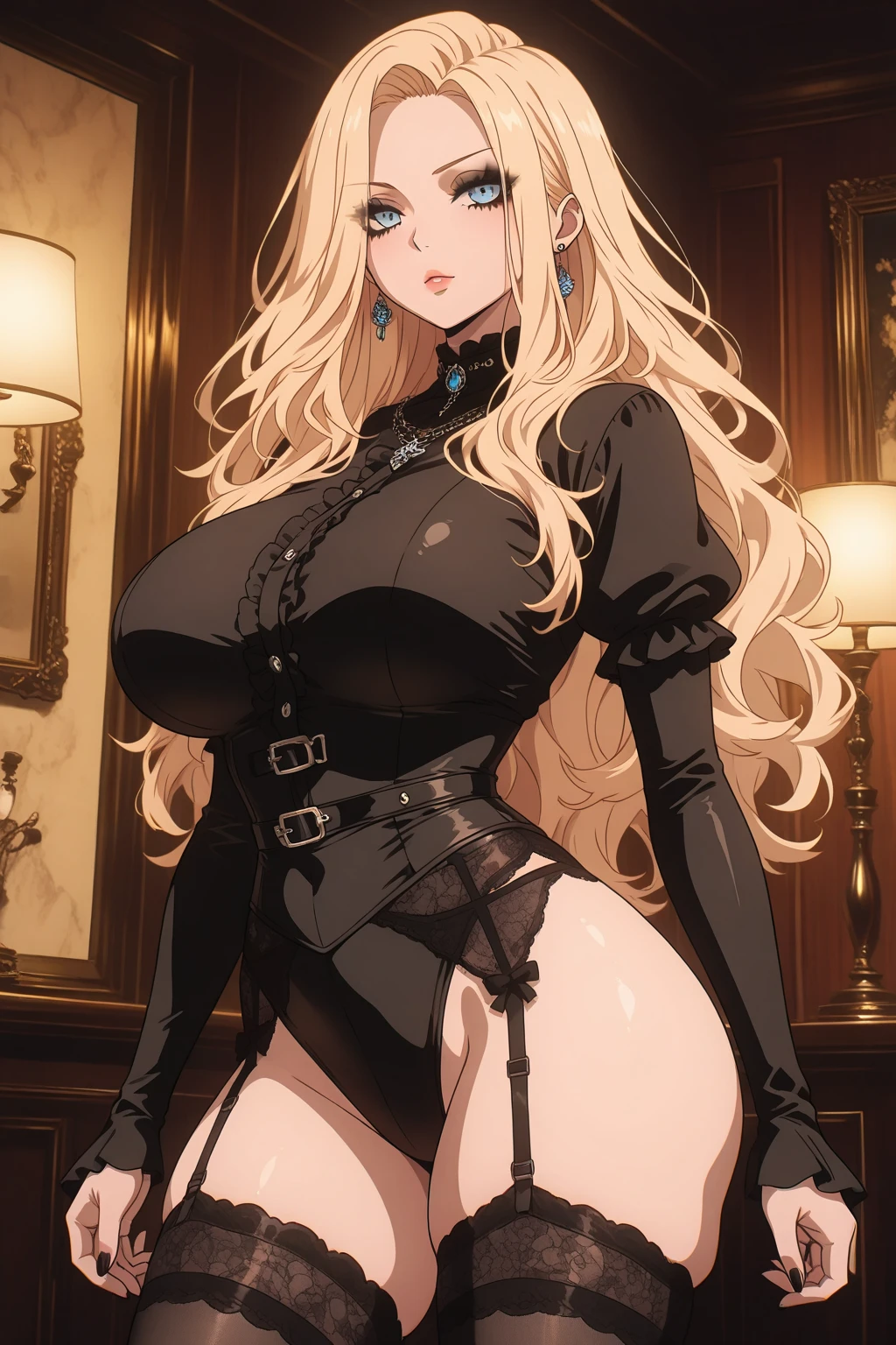 ((masterpiece)), ((best quality)), 1girl, adult, long hair, ((blonde hair)), very long blonde hair, ((intimidant look)), ((close-up)), profile image, green eyes, black and red clothes, sexy, dark colors, brillant eyes, ((coat with fur)), ((wavy hair)), exposed skin, ((sexy pose)), ((intimidant look)), good anatomy, ((dark sage clothes)), ((straight cut bangs)), emotionless, intimidant, ((beautiful eyes)), close up, ((detailed eyes)), beautiful eyes, ((detailed face)), hair bang, frontal look, evil, relaxed, smile, magical goddess othinus, detailed face, eyepatch, full body, ((detailed))