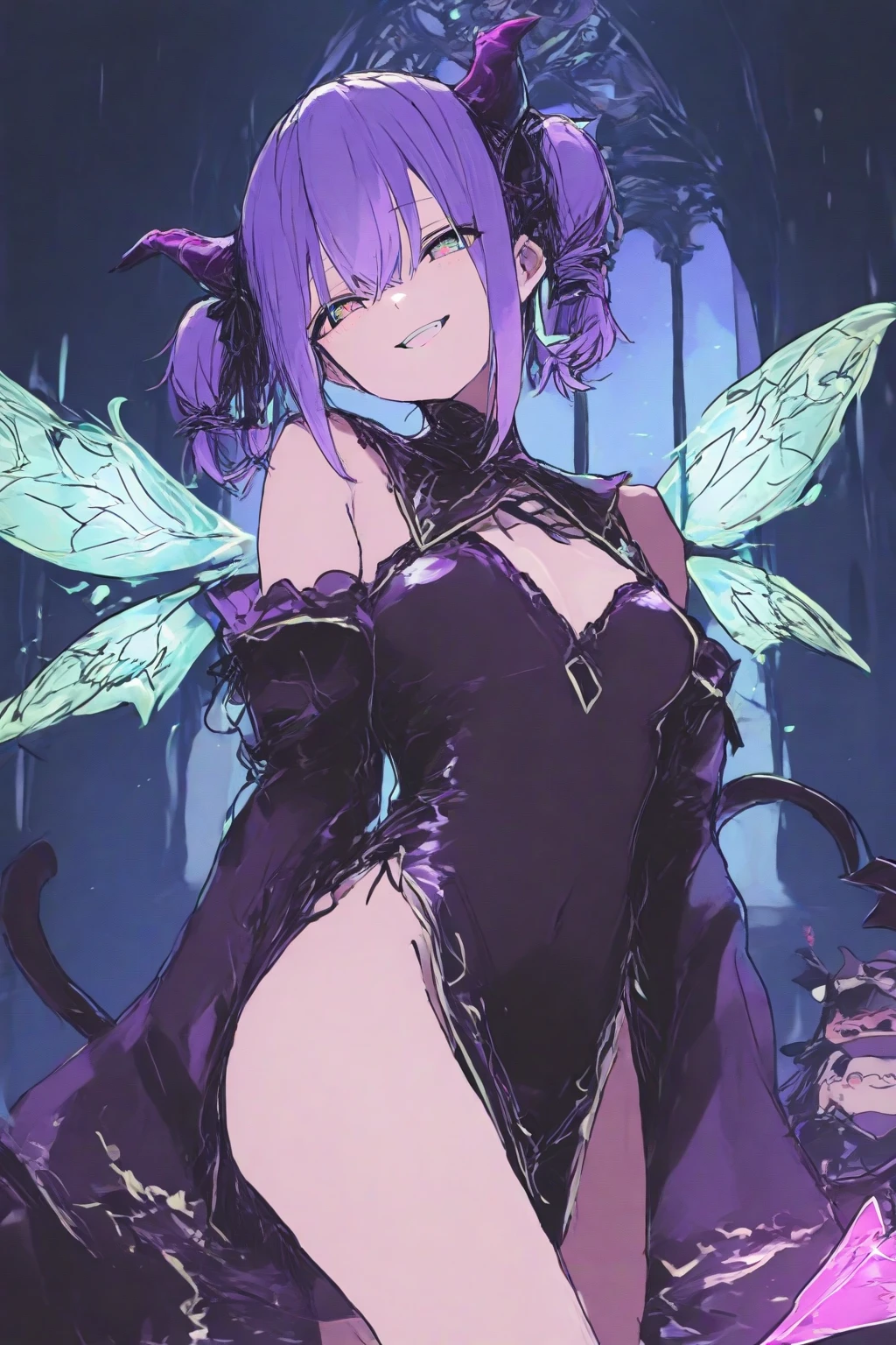 NSFW,masterpiece,Highest quality,High resolution,Super detailed,utenaxl、short hair、Purple Hair、Ahoge、Yellow Eyes、+.+、Hair between the eyes、Yellow Devil's Horn、Devil&#39;s Wings、Purple Pasties、Star Pasties、Puffy sleeves、Bridal Gauntlet、紫のBridal Gauntlet、belly button、Low leg pants、Purple Pants、breastless clothes、corset、白いShowgirl skirt、Showgirl skirt,(Oho face),Embarrassed,blush,Leg spread,excited,Estrus,Bad smile,orgasm,Trembling,(??????),(Squirting),(Ahegao),Roll your eyes、squint,Middle-aged men,(Having intense sex),Insert,Creampie,garden,Street lamp
