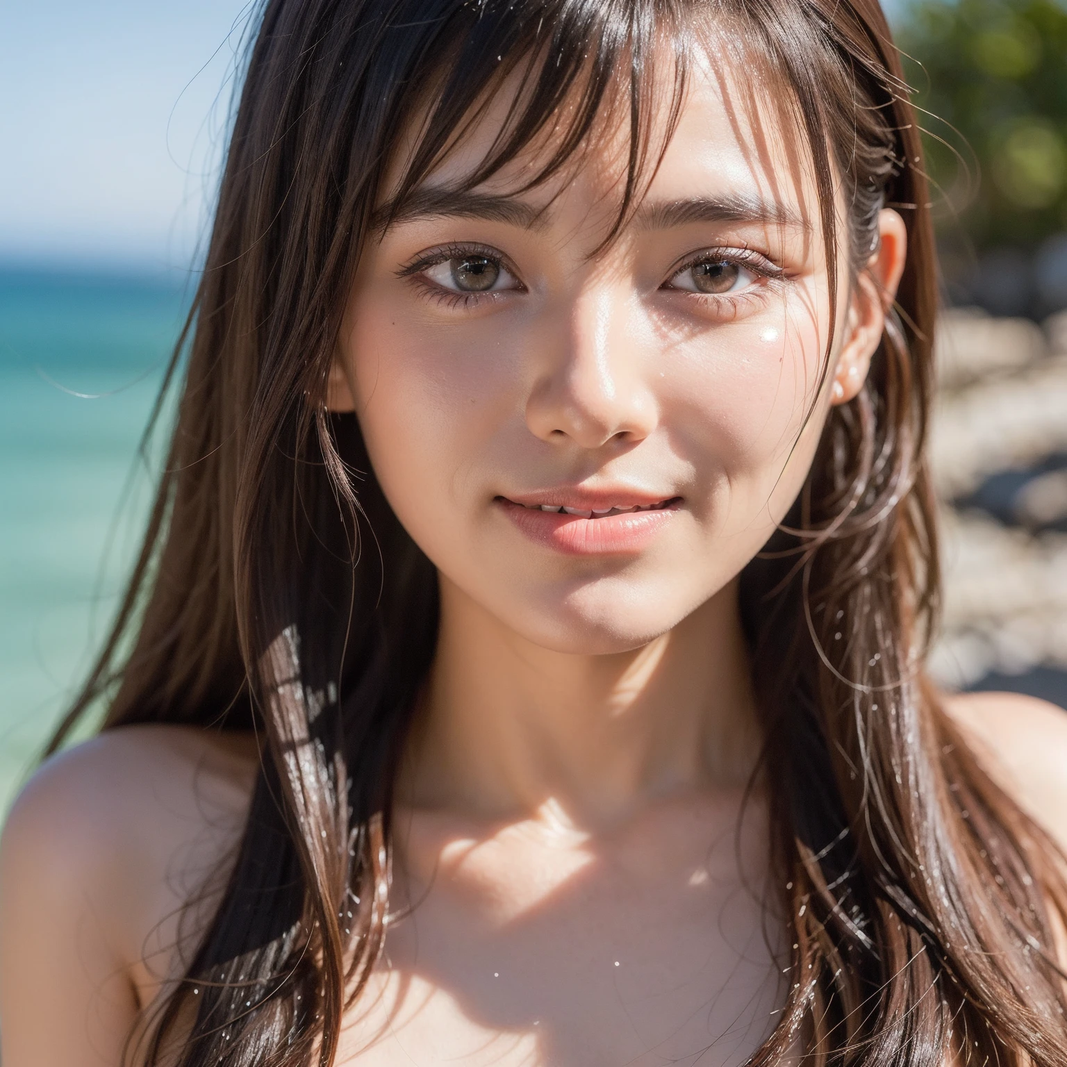 ((masterpiece,best quaLightingy 1.4)), (8k,RAW Photos:1.2), (Realistic,photo Realistic:1.4), Ultra-high resolution , (非常に詳細な8k壁紙) ,Japanese Idols, Japanese actress, Japanese, very cute, Big eyes, Highly detailed eyes and face, Beautiful eyes in every detail,Glowing Skin,Portraiture,(ponytail :1.2),(smile:1.3) ,(Model pose:1.2),Lighting, Sharp focus, Written boundary depth , (Dynamic Angle:1.4 ). Blur the background, Bokeh, (bikini:1.2) ,( Beach.)