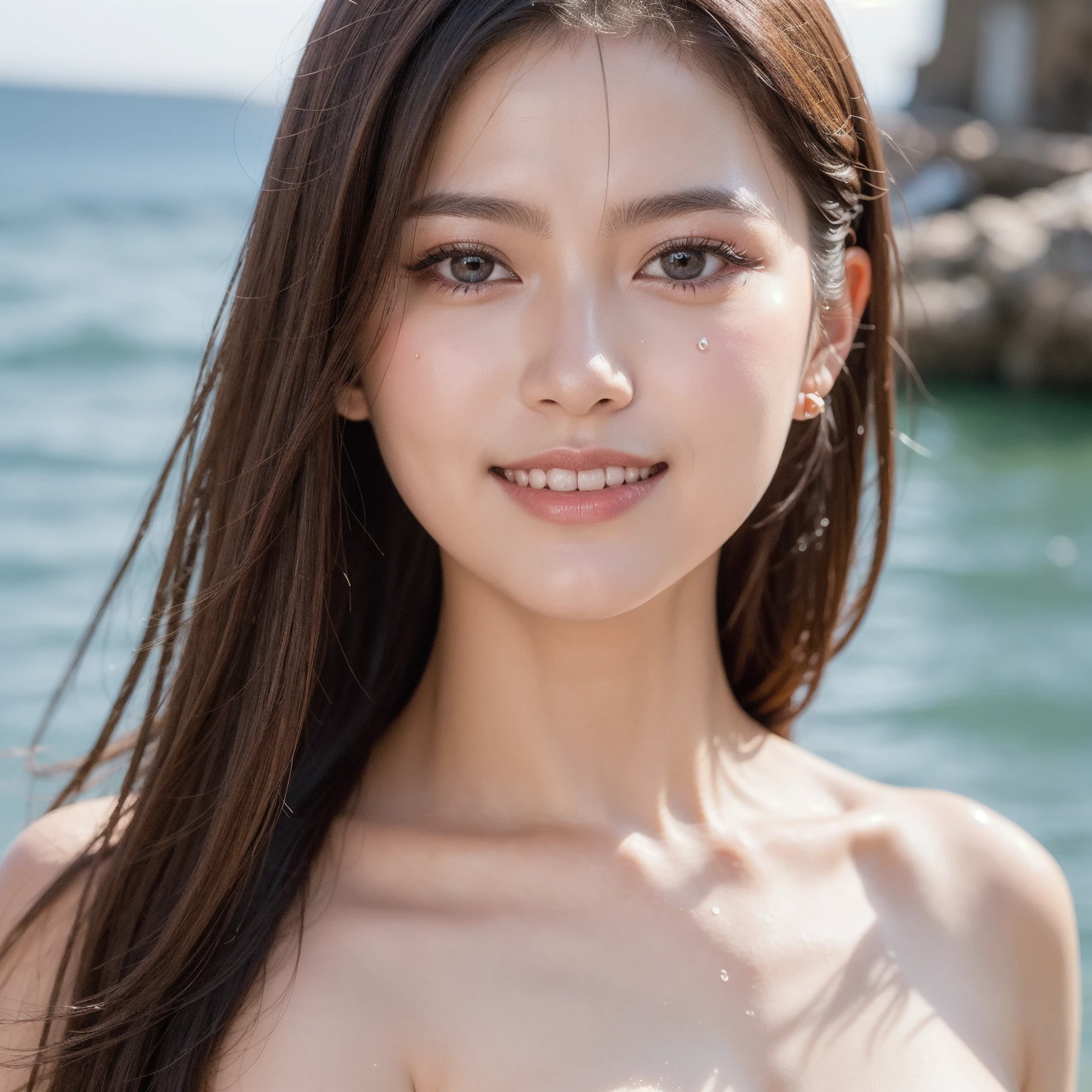 (masterpiece:1.2,highest quality),Blur the background,1 High school girl,((nude)),(The breasts areＥcup),(She captivates viewers with her sexy poses),Short-wavy hair,Detailed and beautiful eyes,Blushed face,Healthy Skin,Watching the audience,(smile),(Beach),8k resolution