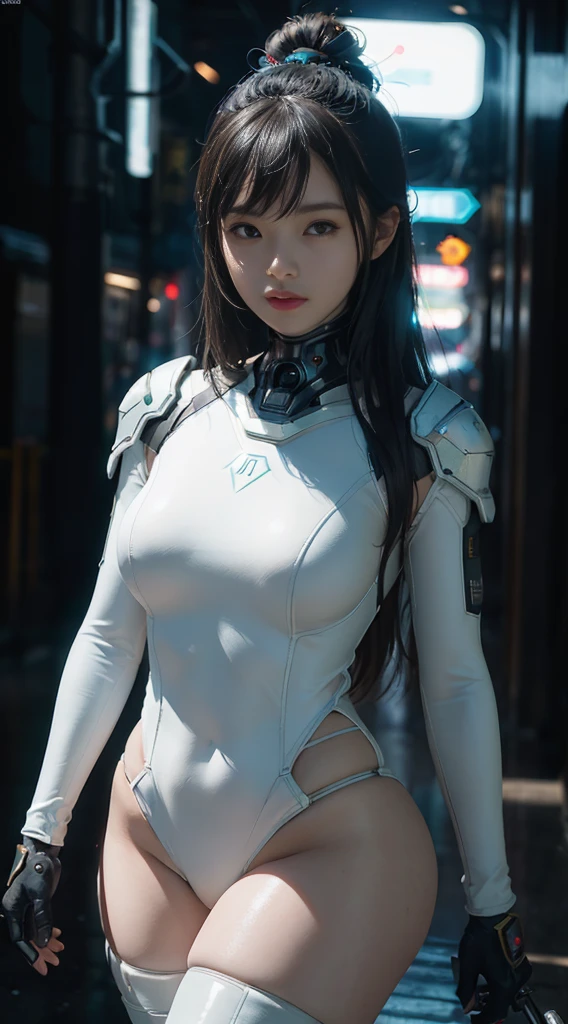 Cyberpunk style of a beautiful Artemis Greek goddess, beautiful breasts in white slingshot cyber suit , composition against a large moon background , medium long shot,
