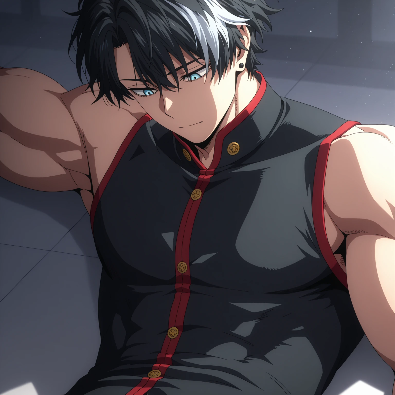 ((masterpiece)), ((best quality)), ((highest quality)), ((lots of details)), (cinematic lighting), dynamic view, portrait, ((1boy)), male focus, ((wriothesley, black hair, short hair, multicolored hair)), laying in bed, shiny skin, shiny body, (()), ((muscular)), ((abs, biceps)), (large pectorals), arms behind head, (armpits),simple clear lines, simple shadows