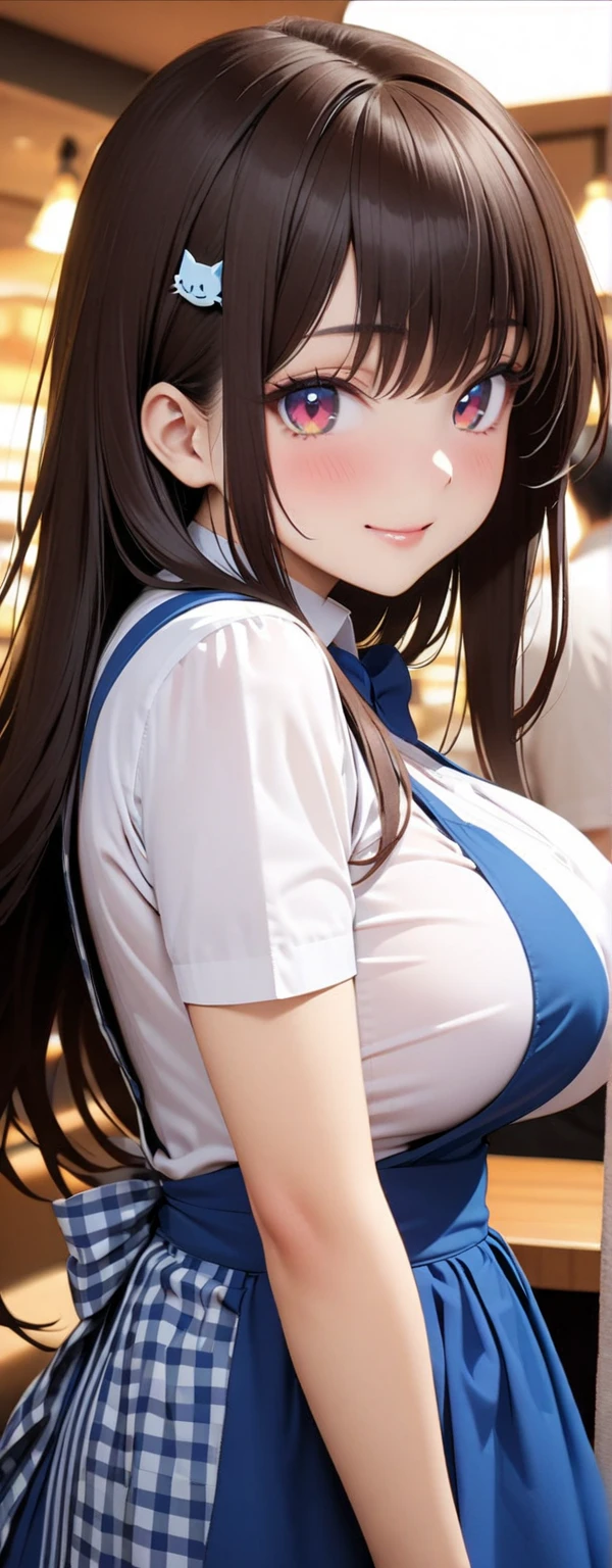 (Beauty: 1.3),One person,masterpiece, Highest quality, Ultra-high resolution,Rich contrast,super high quality,8k,Highly detailed CG unit wallpaper,texture,Unbelievably absurd,Ultra-high resolution,RAW Photos,Depth of Field 1.2,crew, blue bow, blue bowtie, white shirt, short sleeves, blue skirt, blue apron, gingham apron, employee uniform, high-waist skirt, waitress,(Brown Hair,Layered cut,Long Hair),happy,Very fine eye,bigeyes,looking pleasured, (Perfect hands, Perfect ???????),Glowing Skin,Cute cat hairpin,restaurant,Beautiful glossy lips,light smile,(?????????????:1.5),looking at the camera