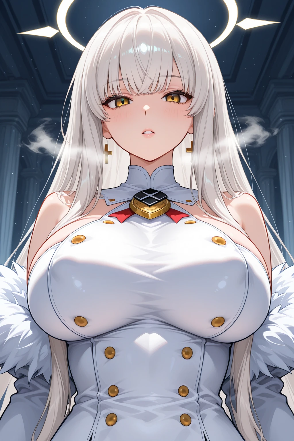 ANILADEF, CLEAVAGE, CAPE, WHITE GLOVES, WHITE THIGHHIGHS, PLEATED SKIRT, FUR TRIM, PELVIC CURTAIN, WHITE TABARD, 1girl, solo, upper body, large breasts, 5 fingersdetailed face, detailed eyes, detailed hair