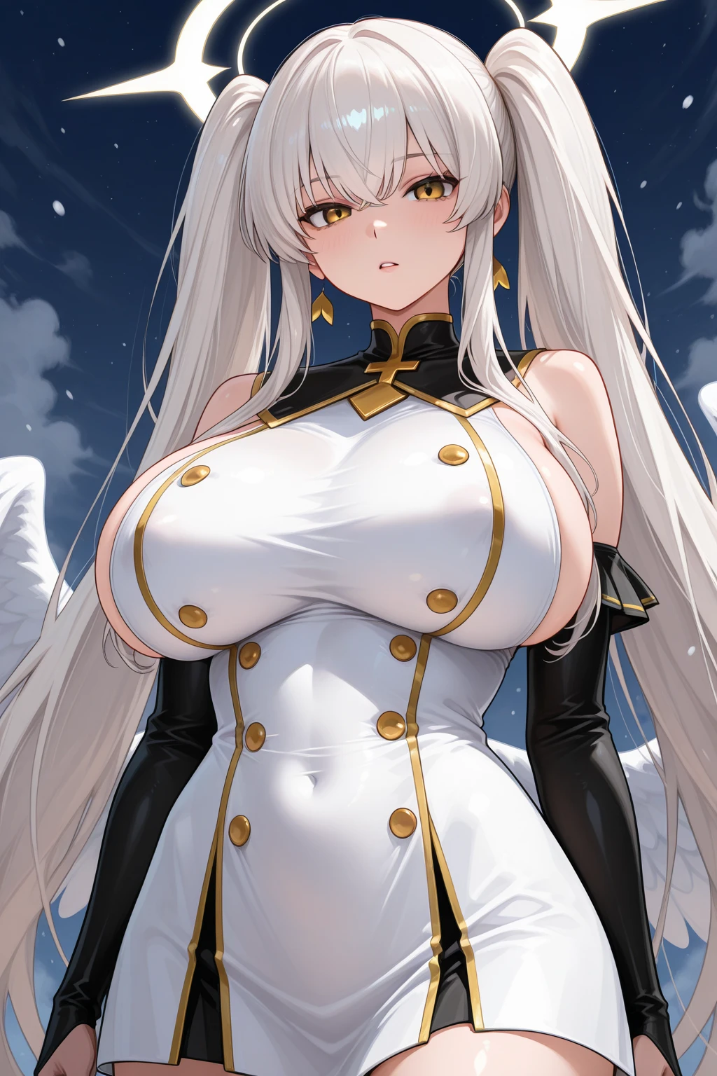 (masterpiece:1.3), (best quality:1.1), (8k, ultra detailed, ultra high res:1.2), ((anime style)), perfect 5 fingers, perfect anatomy, 
1girl,
medium breasts, 
BREAK long hair, wavy hair, 
white hair, 
red eyes, 
BREAK dress,  
looking at viewer, 
BREAK cowboy shot, BREAK (detailed background:1.1), outdoor, aurora, at night, Starry Night Sky with Shooting Stars, 