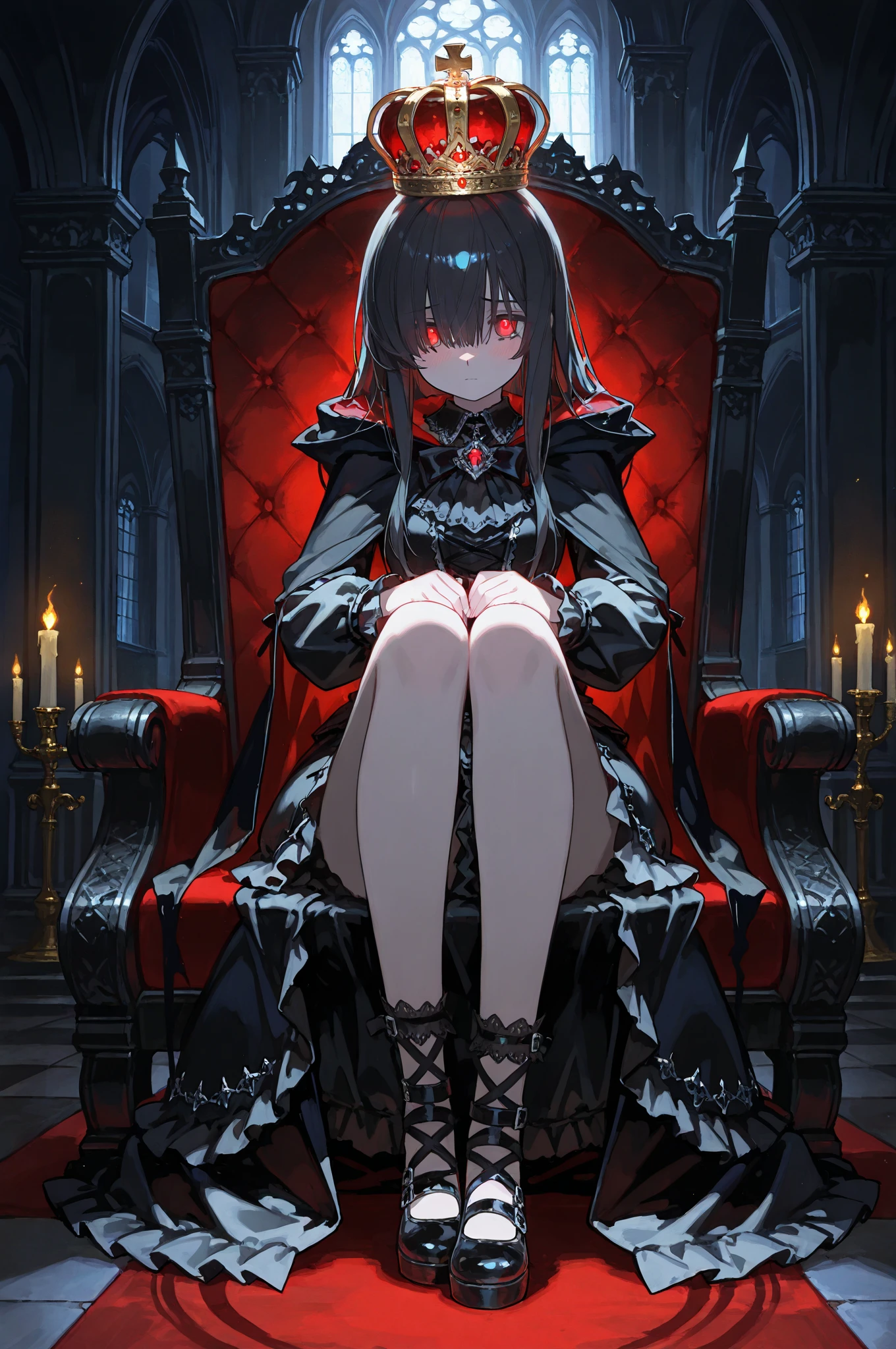 8K raw photo, Best quality, masterpiece, ultra high res,colorful,(photorealistic:1.4),raw photo, neonlight\(ttp\),1girl,solo,(perfect body shape) evil and beautiful, playful, smile, red eyes, (blood), dynamic angle, lying on throne, mystical, fanatic, intricate, surreal, delicate, wearing armored gothic dress,cinematic lighting,perfect face