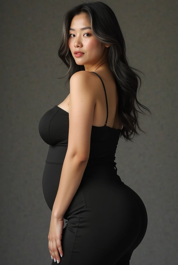 ((best quality: 1.5), (masterpiece: 1.4), (detailed: 1.3),
Perfectly sculpted face with subtle features, female figure with ample curves,
Big breasts spilling out from the tight longest dress,
Pregnan belly,
Full body shot showcasing every detail,
Thick, jiggling thighs nestled in the skirt,
Thick neck adorned with intricate necklace, nude bottom, nude,
Obsidian black room casting an eerie glow,
Prominent armpits adding to her voluptuousness)