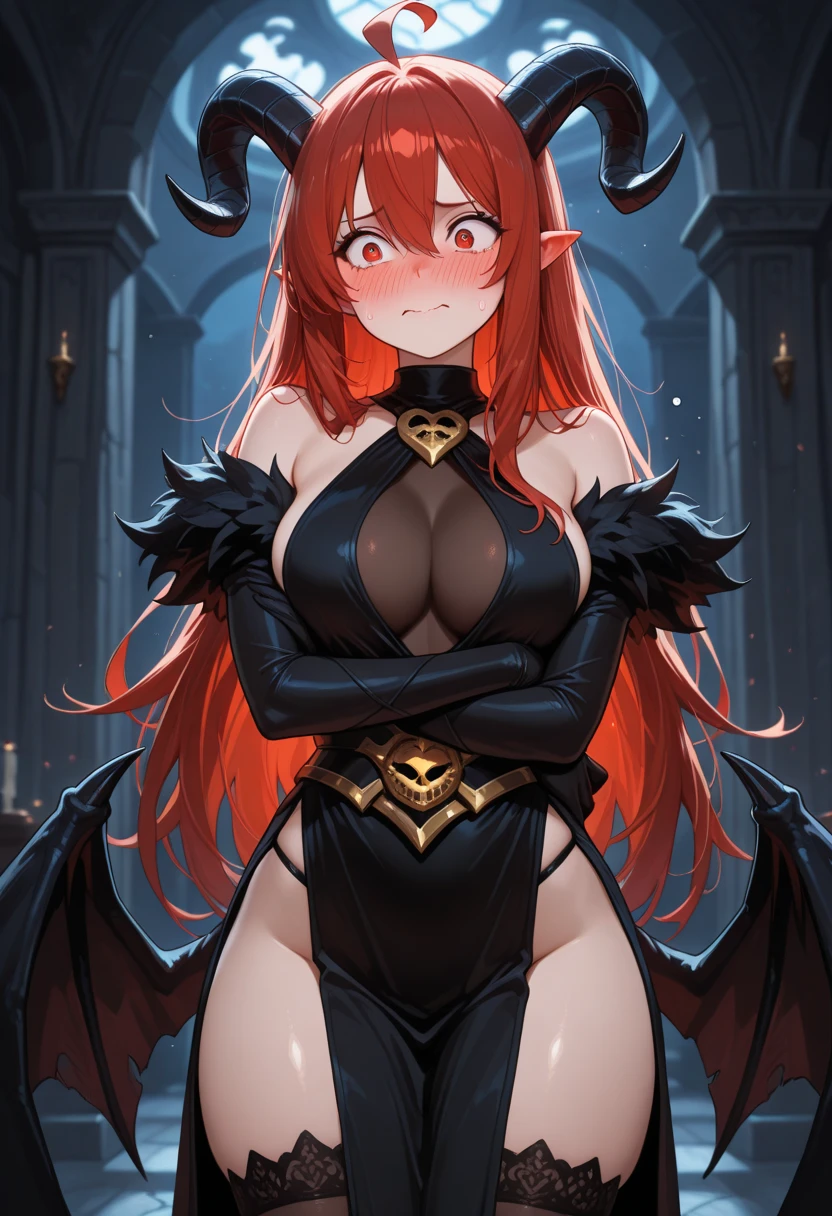master piece, highly detailed, ultra-detailed, Alone, (1Woman), mature, tall, MILF, long hair, red hair, , Dragon woman, red dragon, black dragon horns, dragon wings, Red scales, gorgeous, charming, red eyes, elegant, big busts (huge, torn), perky breasts, big ass, wide, friendly smile, charming, flame